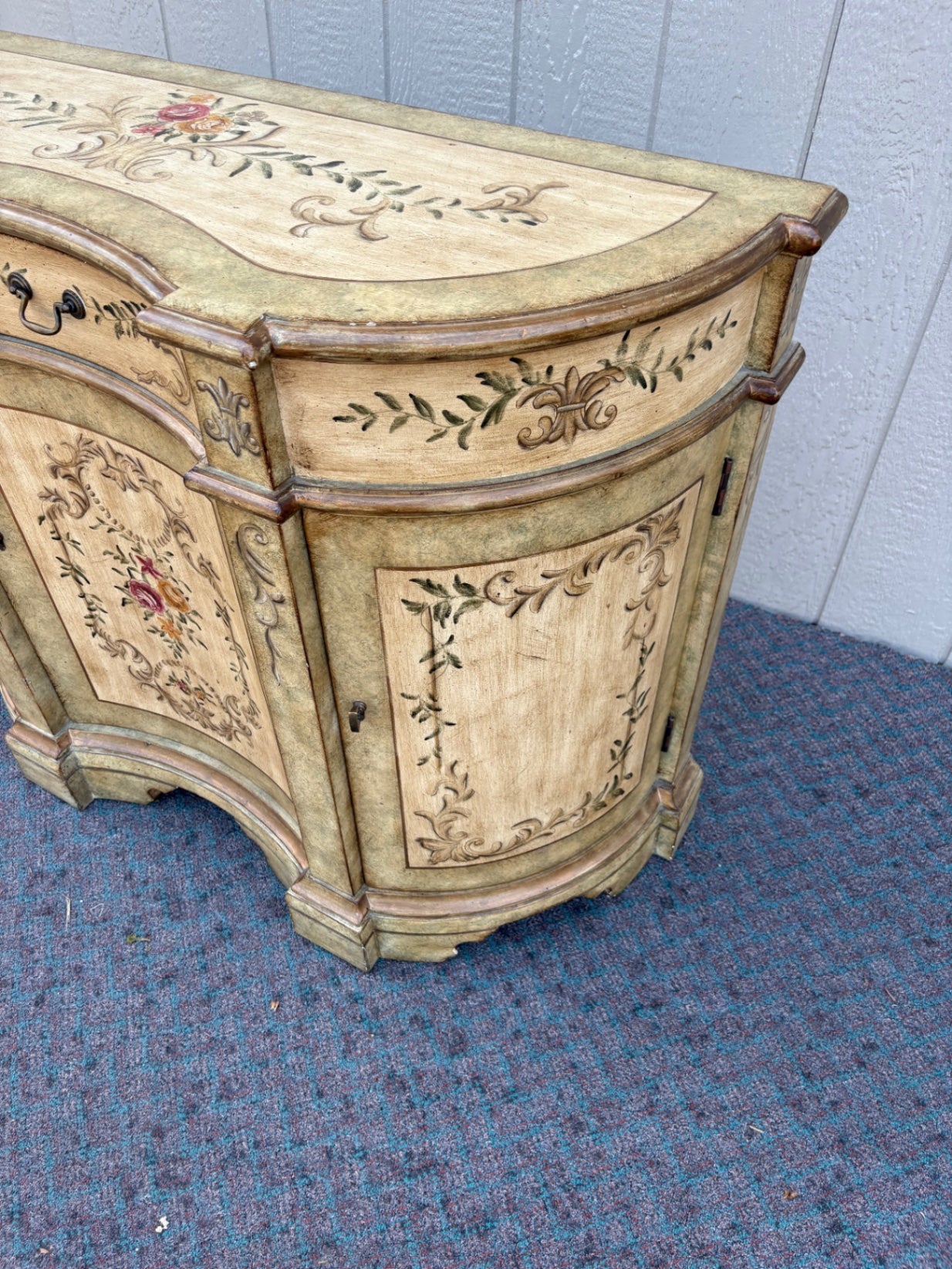 67889  Hand-Painted Floral Demilune Cabinet with Distressed Finish