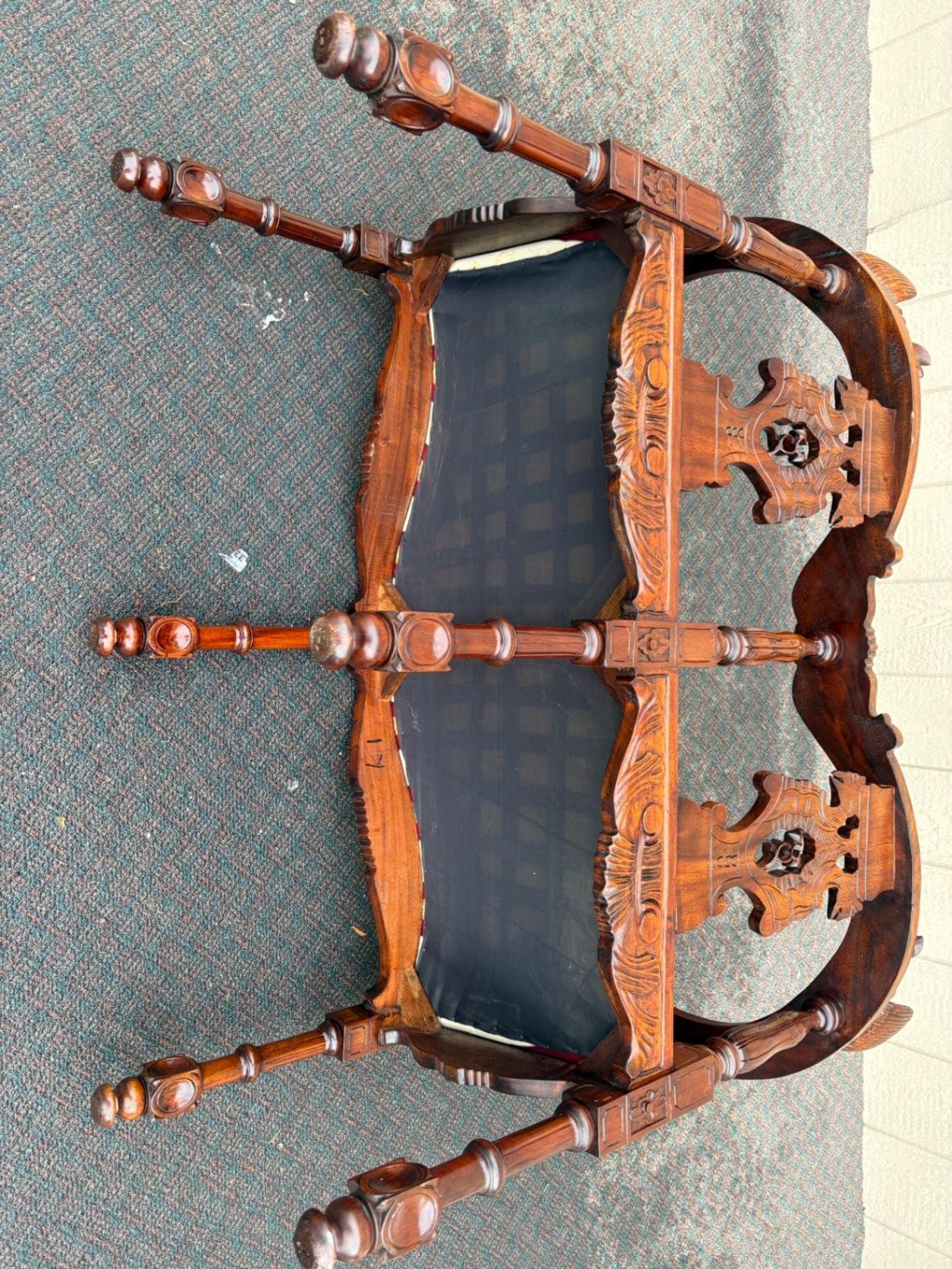 67469  Victorian  Style Carved Mahogany Settee with Figural Details and Upholstery
