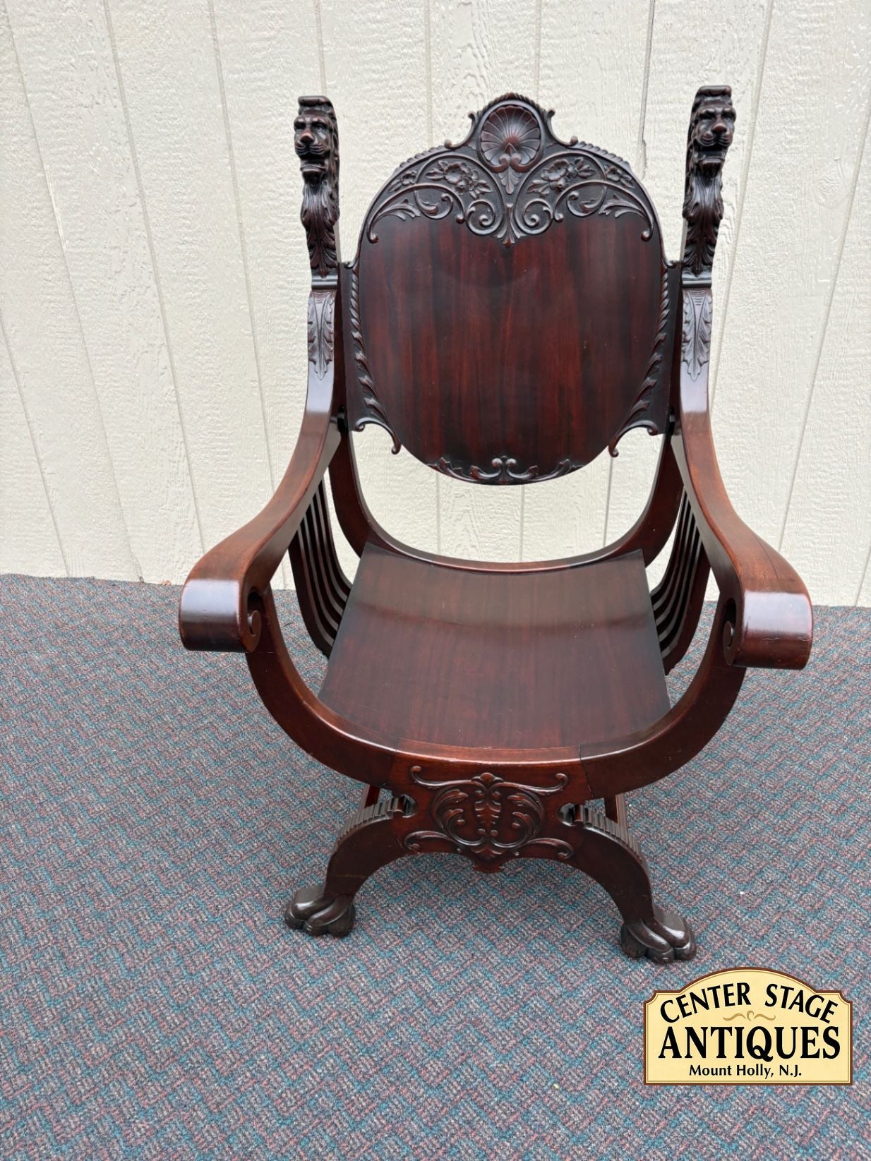 67546 Victorian Mahogany Lion Armchair with Intricate Carvings