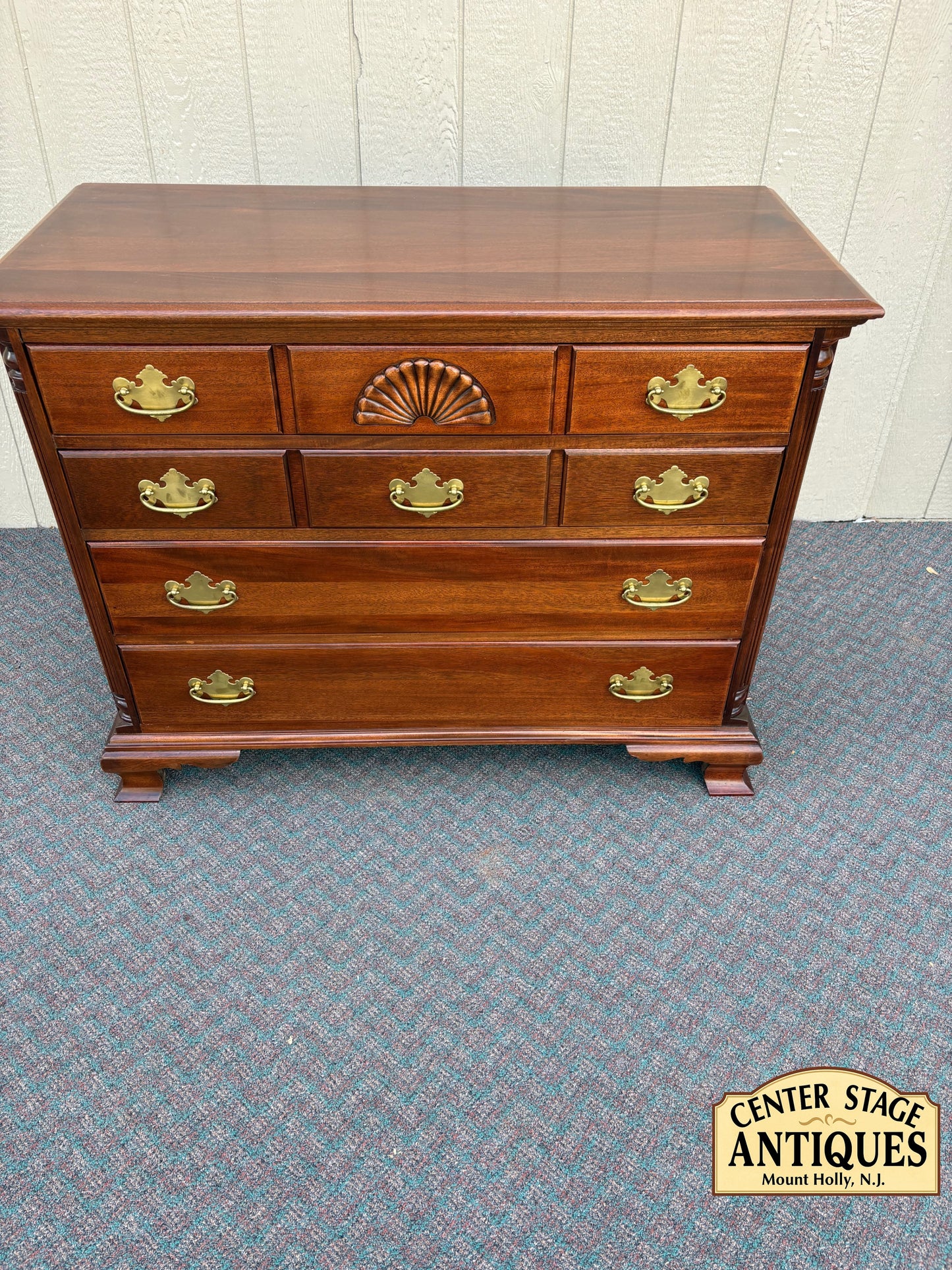 67738 Vintage Mahogany Chest with Brass Hardware and Shell Carving