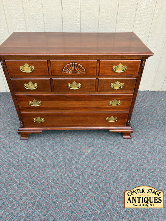67738 Vintage Mahogany Chest with Brass Hardware and Shell Carving