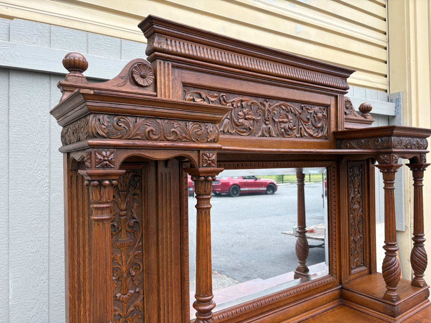 67852  Ornate Victorian Oak Buffet with Mirror and Carved Details