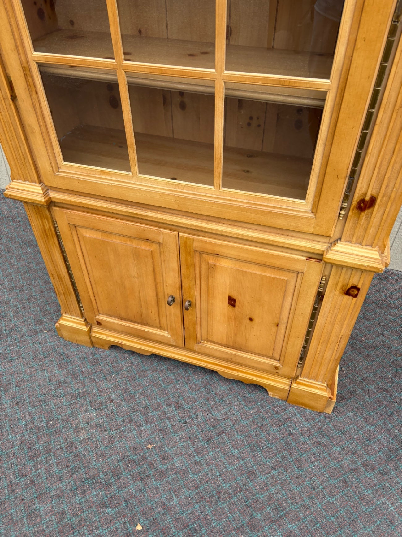 67671  Antique Pine Curio Bookcase with Glass Doors and Cabinet