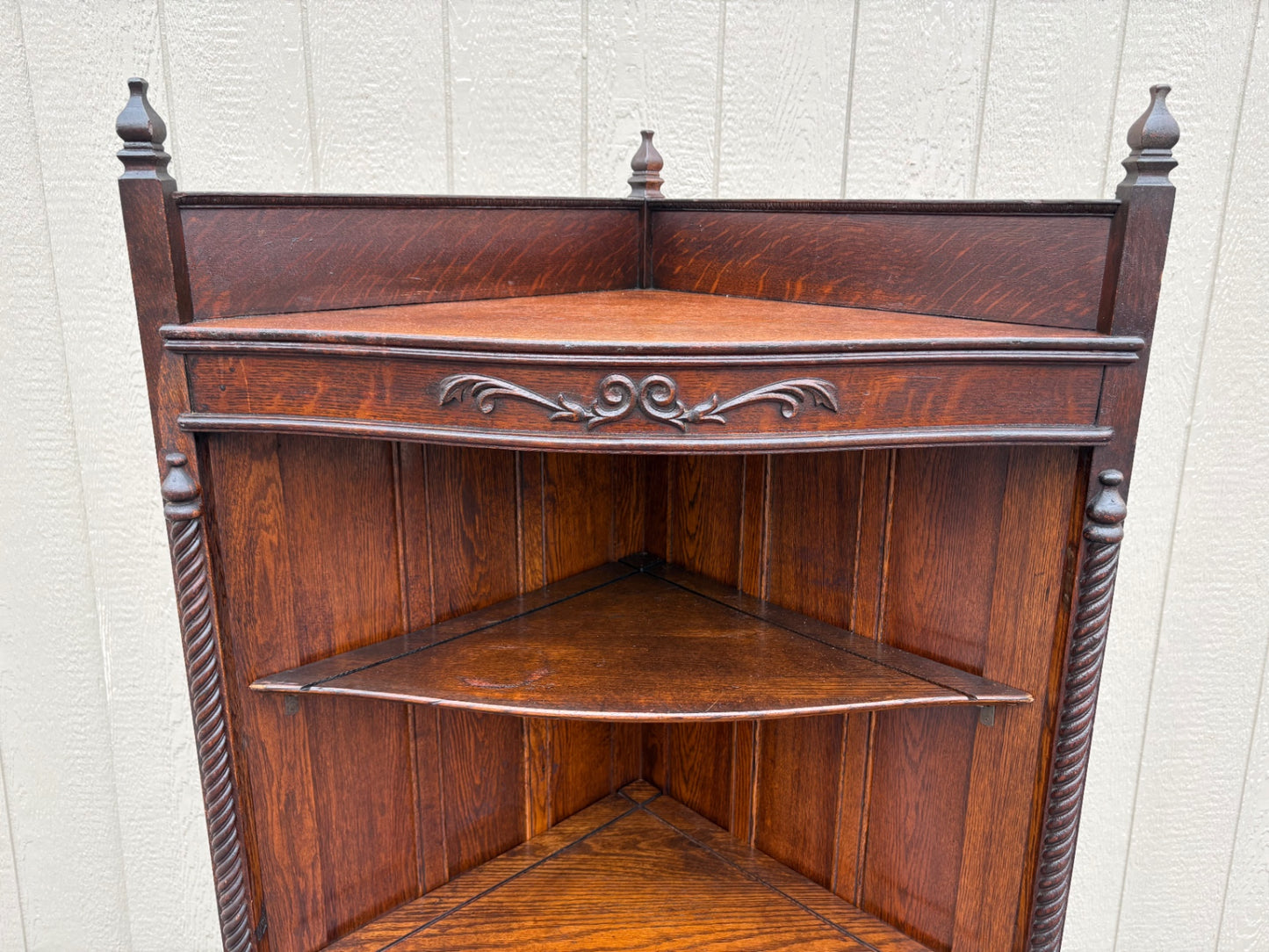 67661 Victorian Oak Corner Curio Cabinet  with Carved Details and Turned Finials