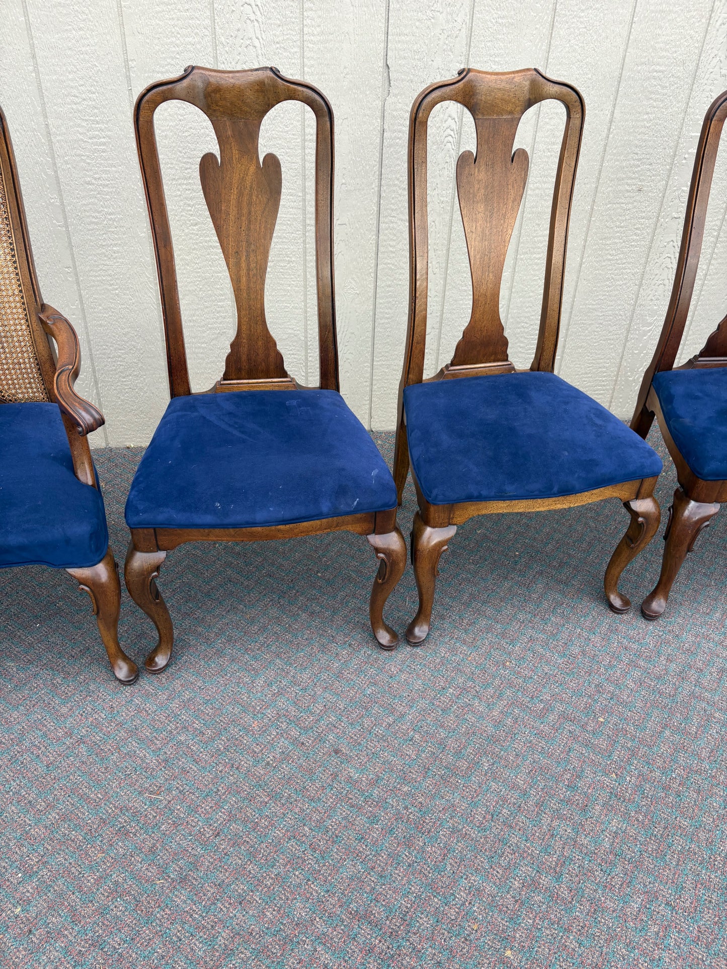 67644 Set of 6 John Stuart Queen Anne Dining Chairs in Walnut and Blue Upholstery