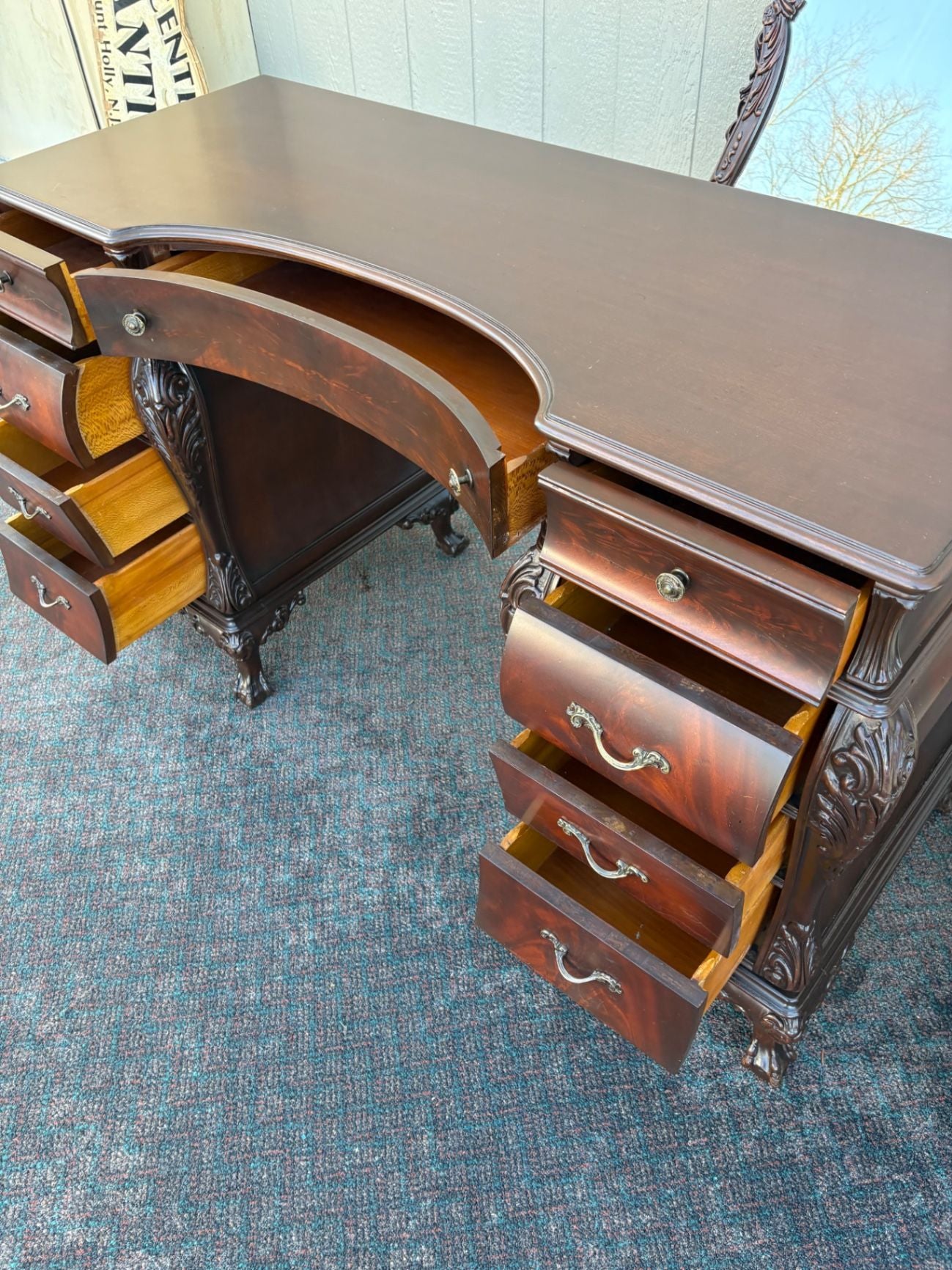 Ornate Mahogany Vanity Set with Mirror and Upholstered Bench