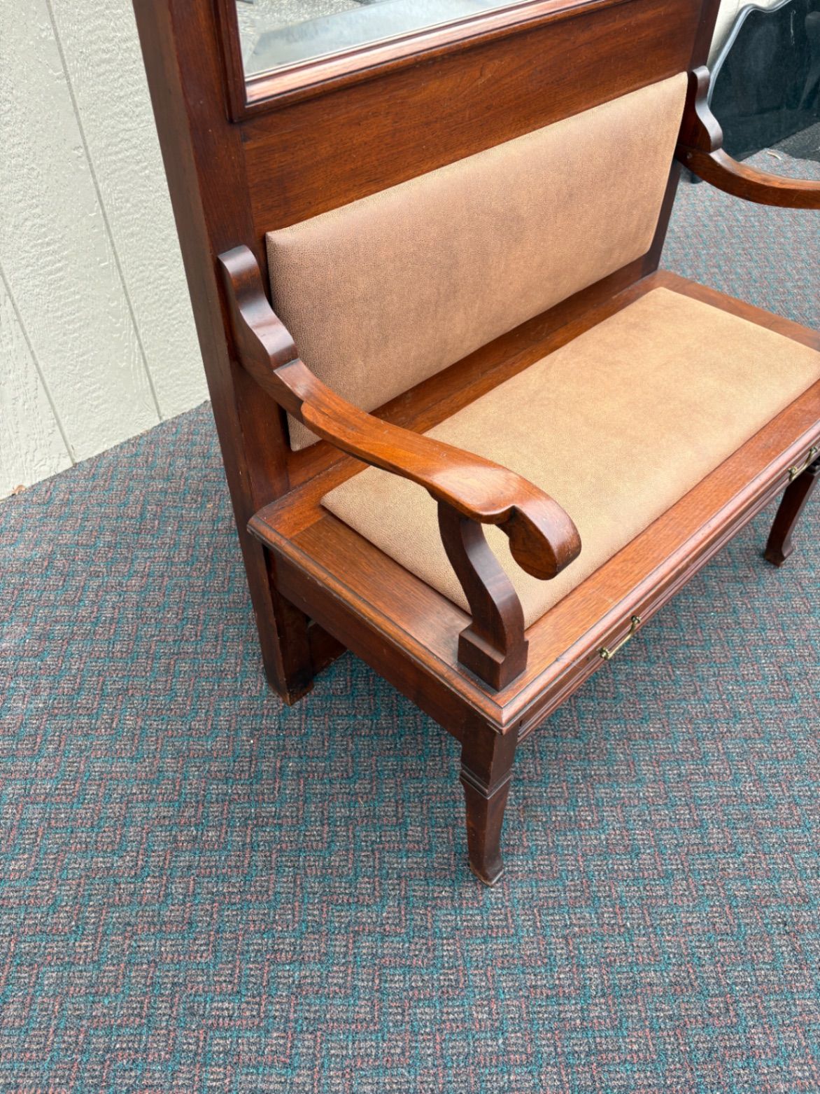 67402 Victorian Hall Seat with Mirror and Brass Hooks in Mahogany