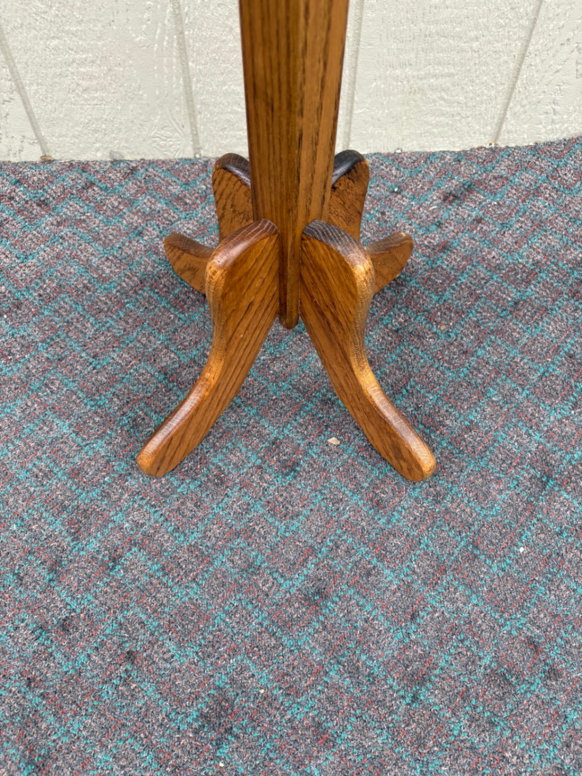 68113  Vintage Oak Coat Tree with Brass Hooks and Ceramic Accents