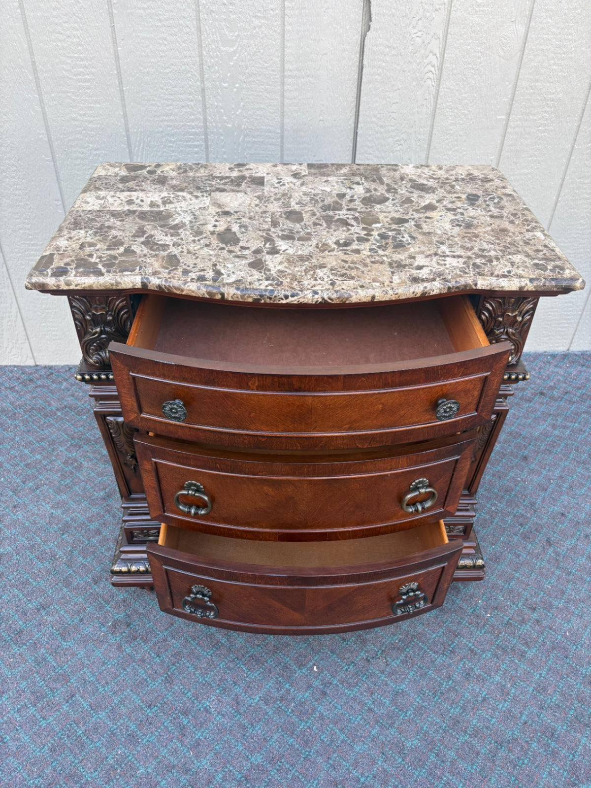 Elegant Marble Top Chest with Carved Wood Detail, 2015