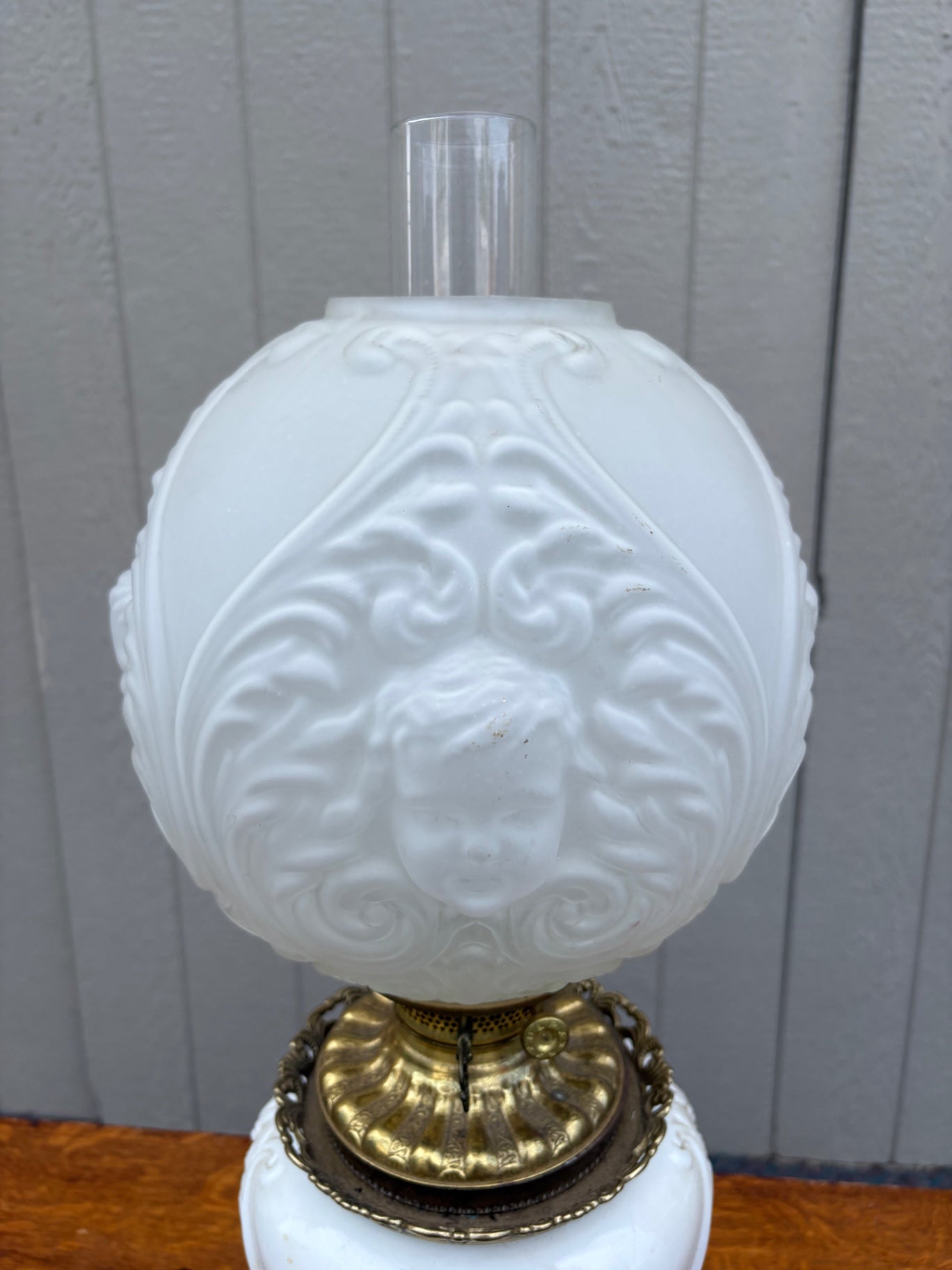67961  Victorian Cherub Glass Lamp with Brass Base, 27 Inches Tall