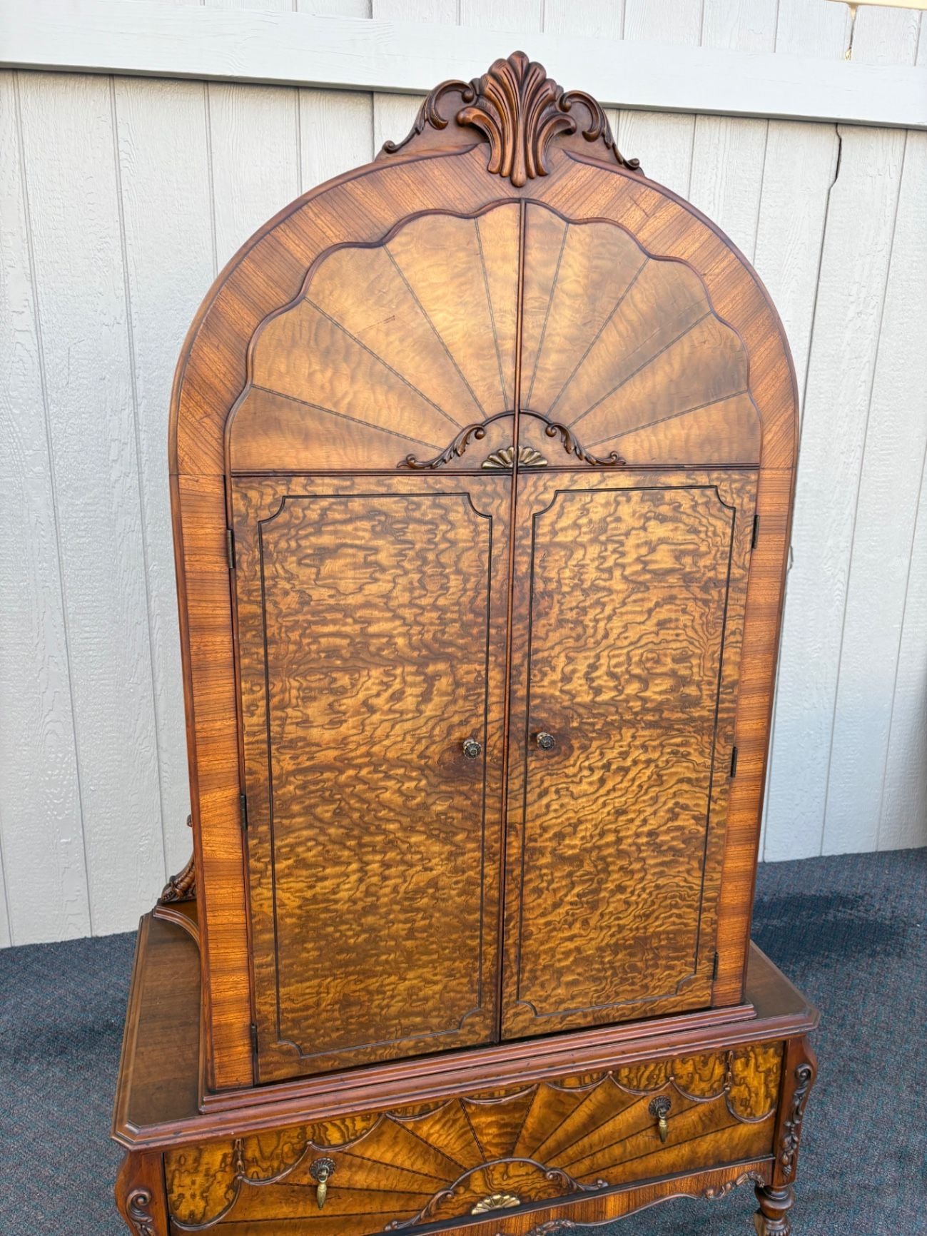 67453  Art Deco Chifferobe with Sunburst Veneer and Carved Details (Copy)