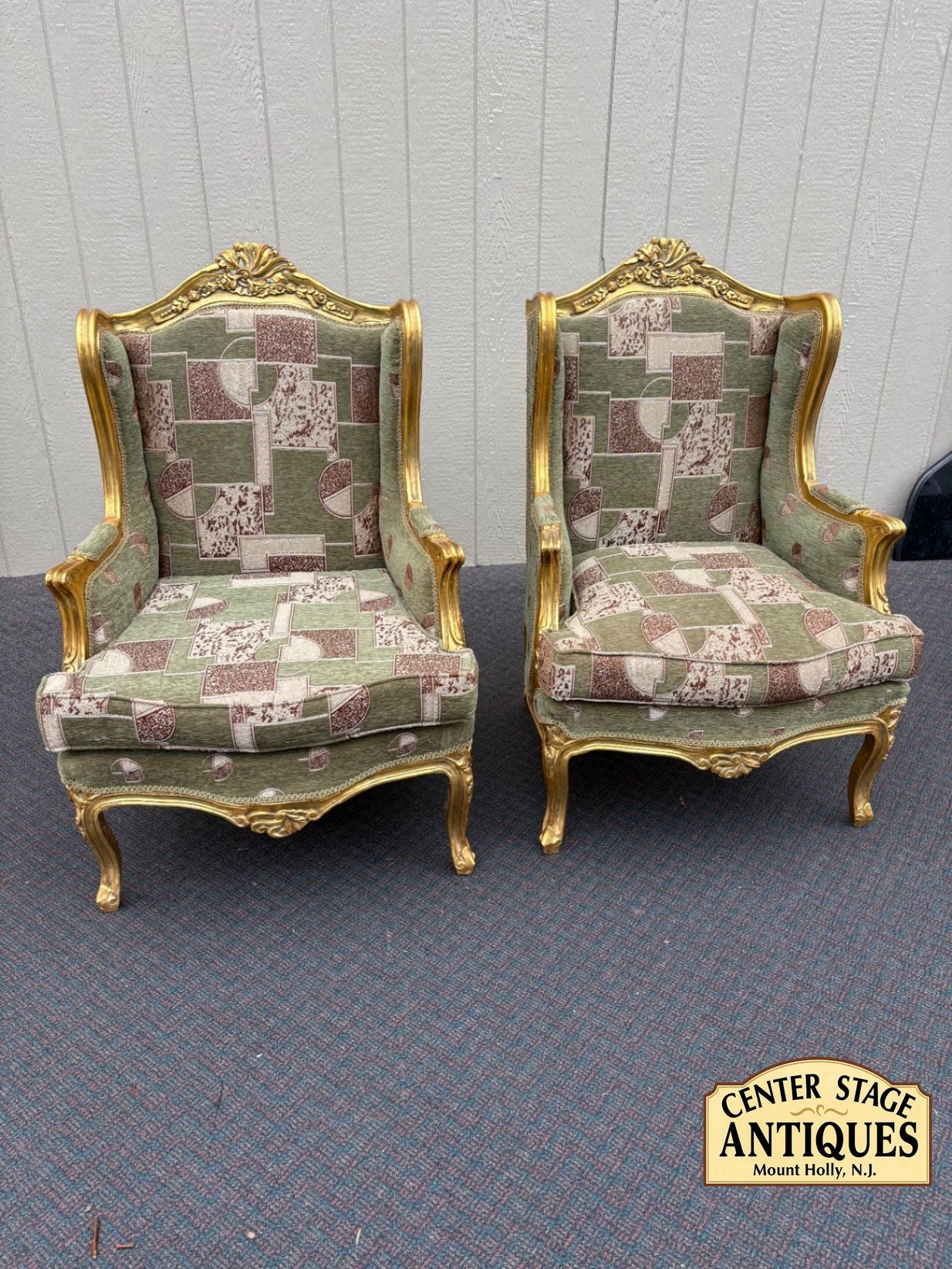 67516 Pair of Vintage French Provincial Gold Gilt Wingback Chairs