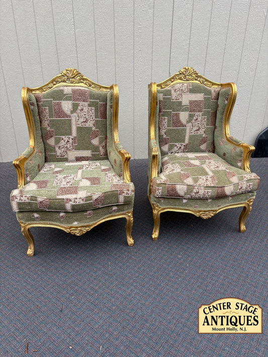 67516 Pair of Vintage French Provincial Gold Gilt Wingback Chairs