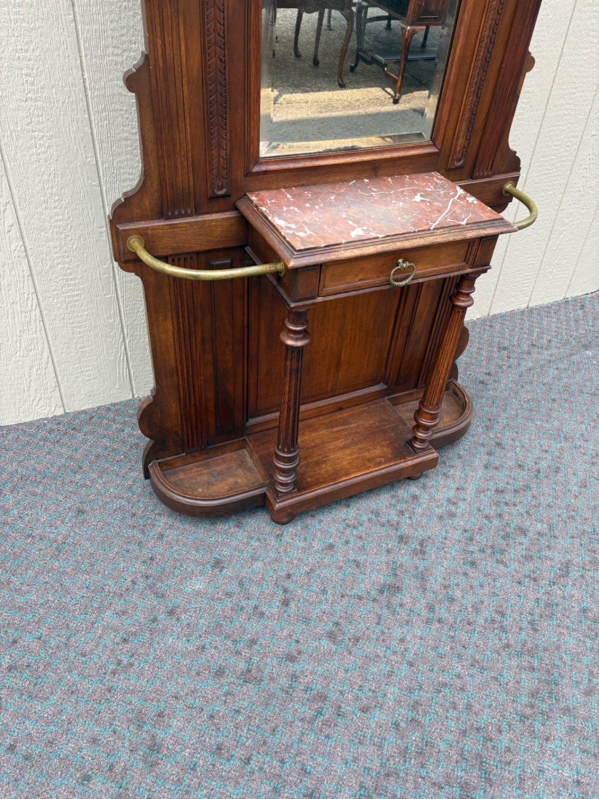 67570 Victorian Hall Tree Hatrack with Mirror and Marble Shelf