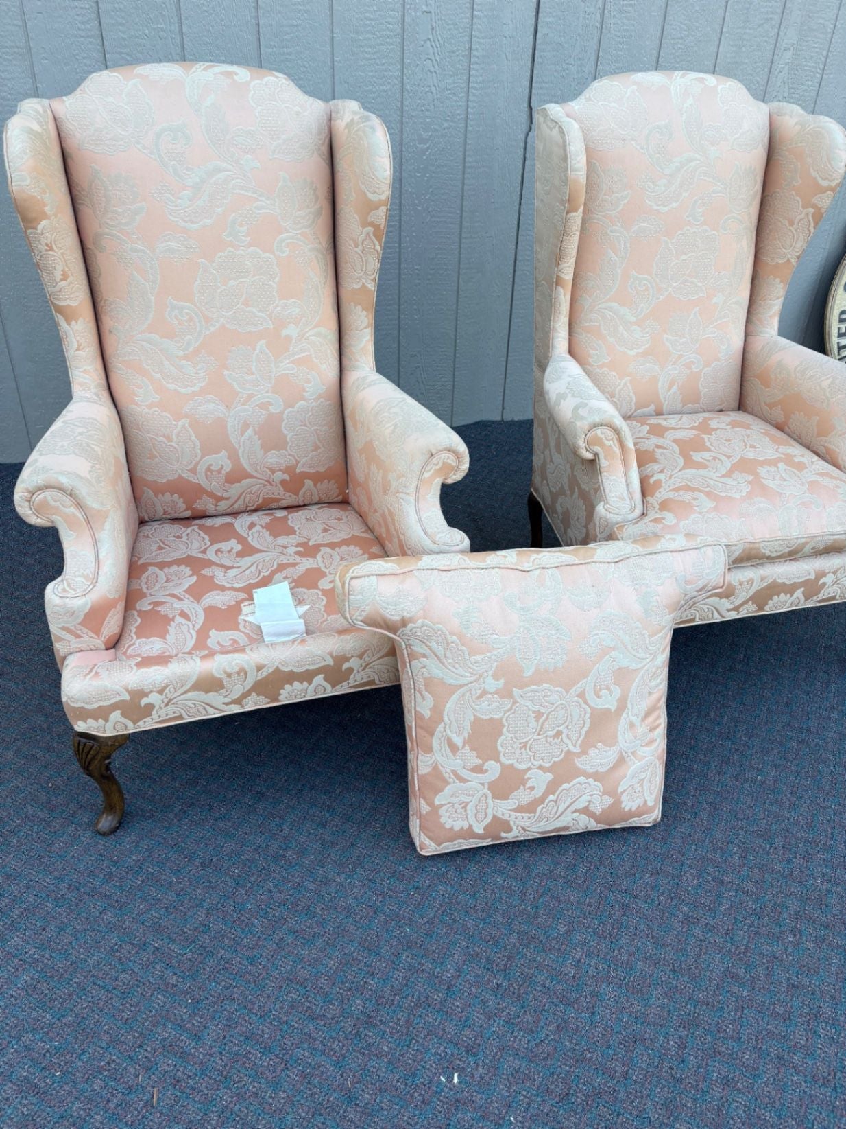 67593  Pair of Sherrill Wing Chairs, Queen Anne Style, Upholstered
