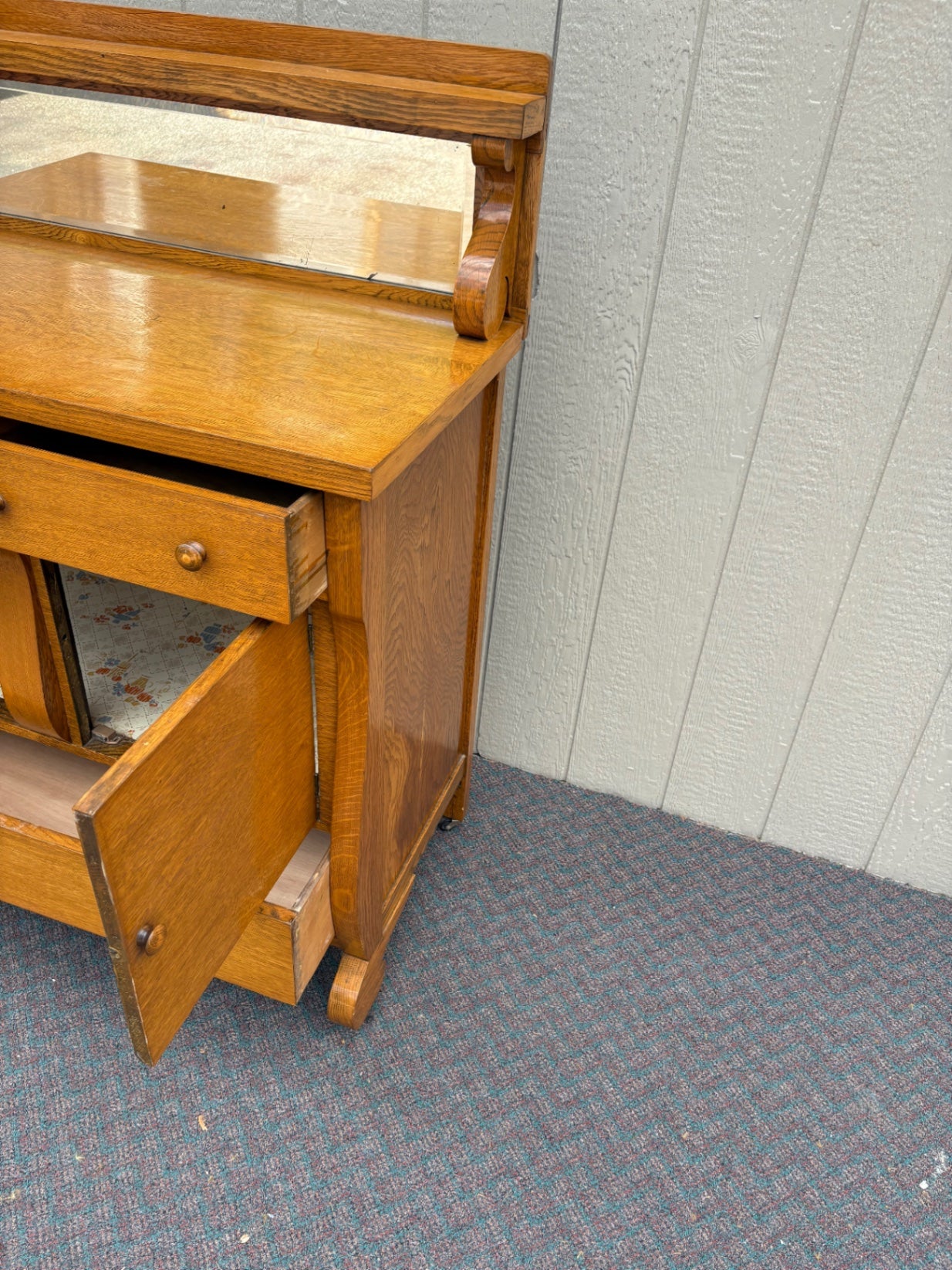 67790 Antique Oak Buffet with Mirror and Storage, Early 20th Century