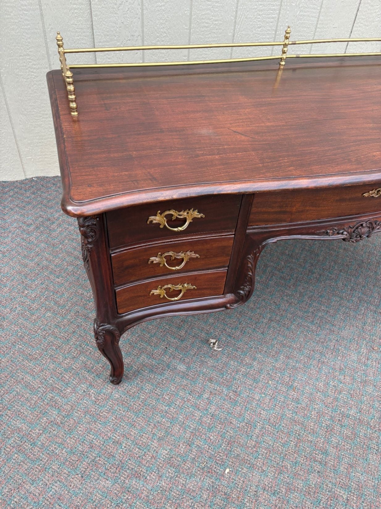 67605 Elegant French Louis XV Style Mahogany Writing Desk with Brass Rail