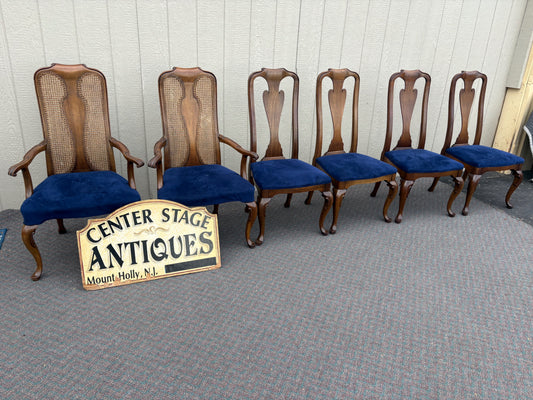 67644 Set of 6 John Stuart Queen Anne Dining Chairs in Walnut and Blue Upholstery