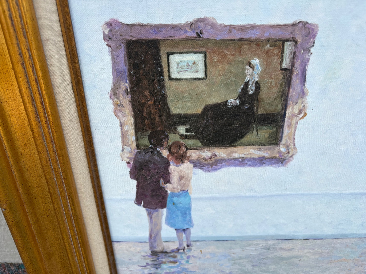 68041 Vintage Framed Painting of Museum Scene in Gold Frame