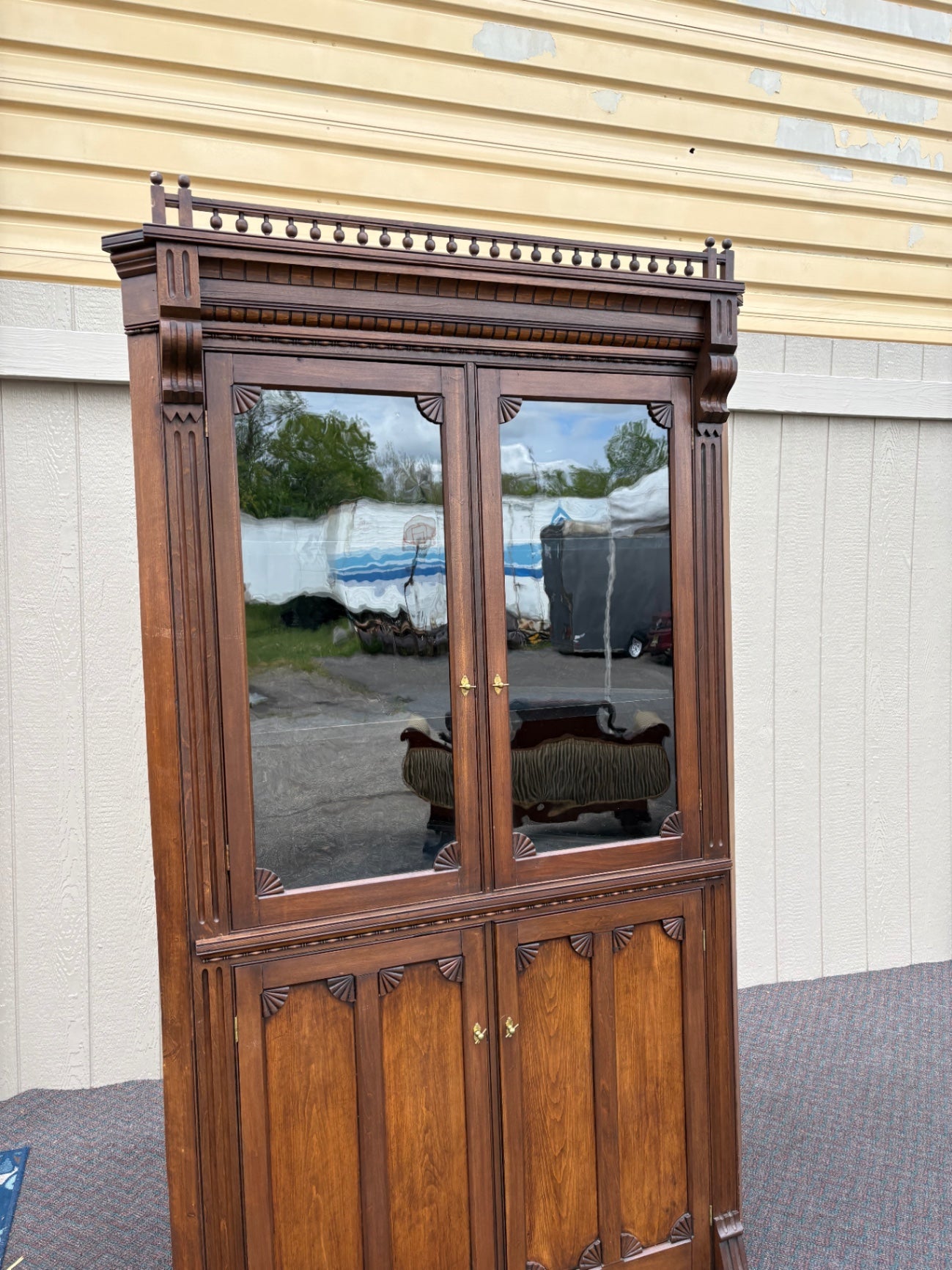 67712 Victorian Corner Cabinet with Glass Doors and Carved Details