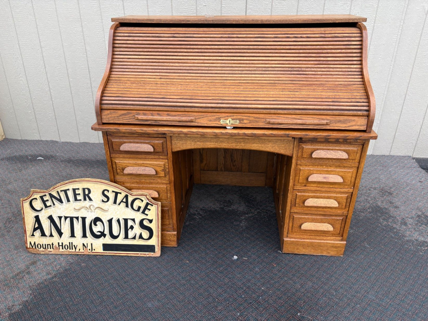 67465 Antique Oak Roll Top Desk, Early 1900s, Solid Oak