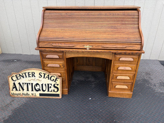 67465 Antique Oak Roll Top Desk, Early 1900s, Solid Oak