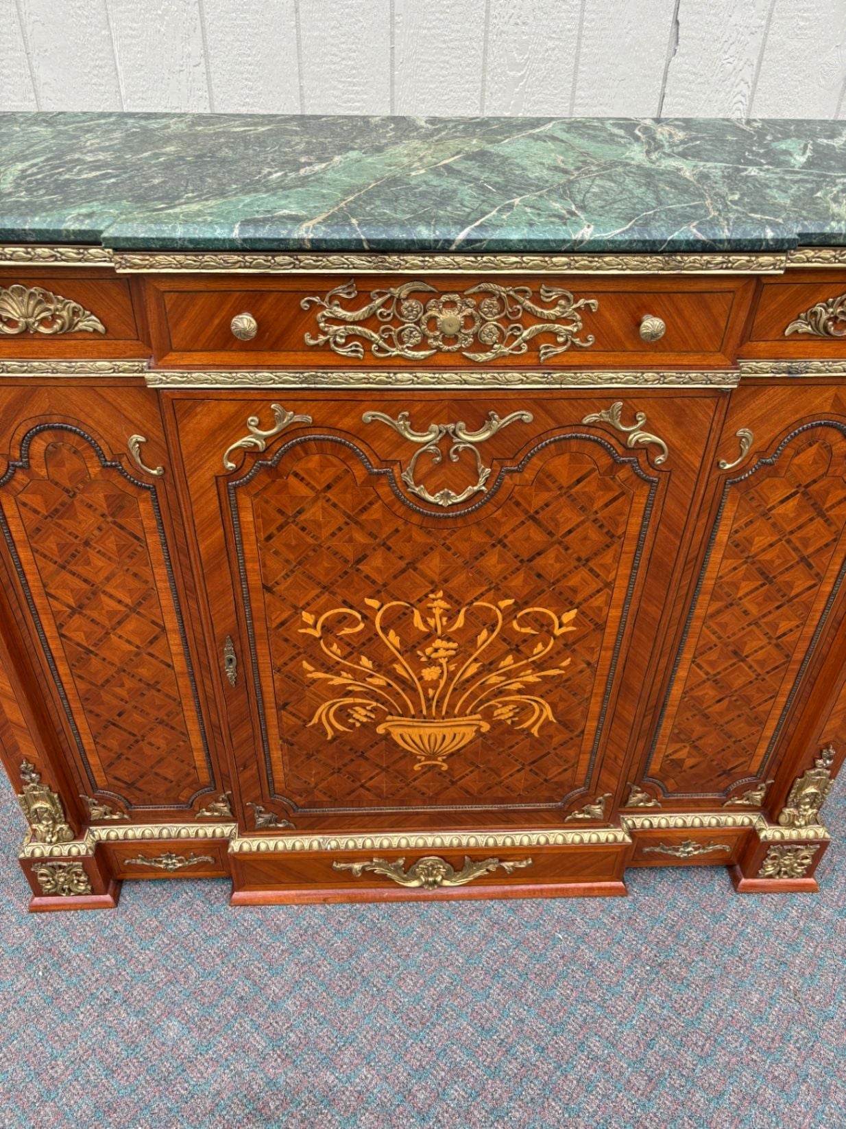 67520 Ornate French Style Marble Top Sideboard with Inlay and Gilt Details