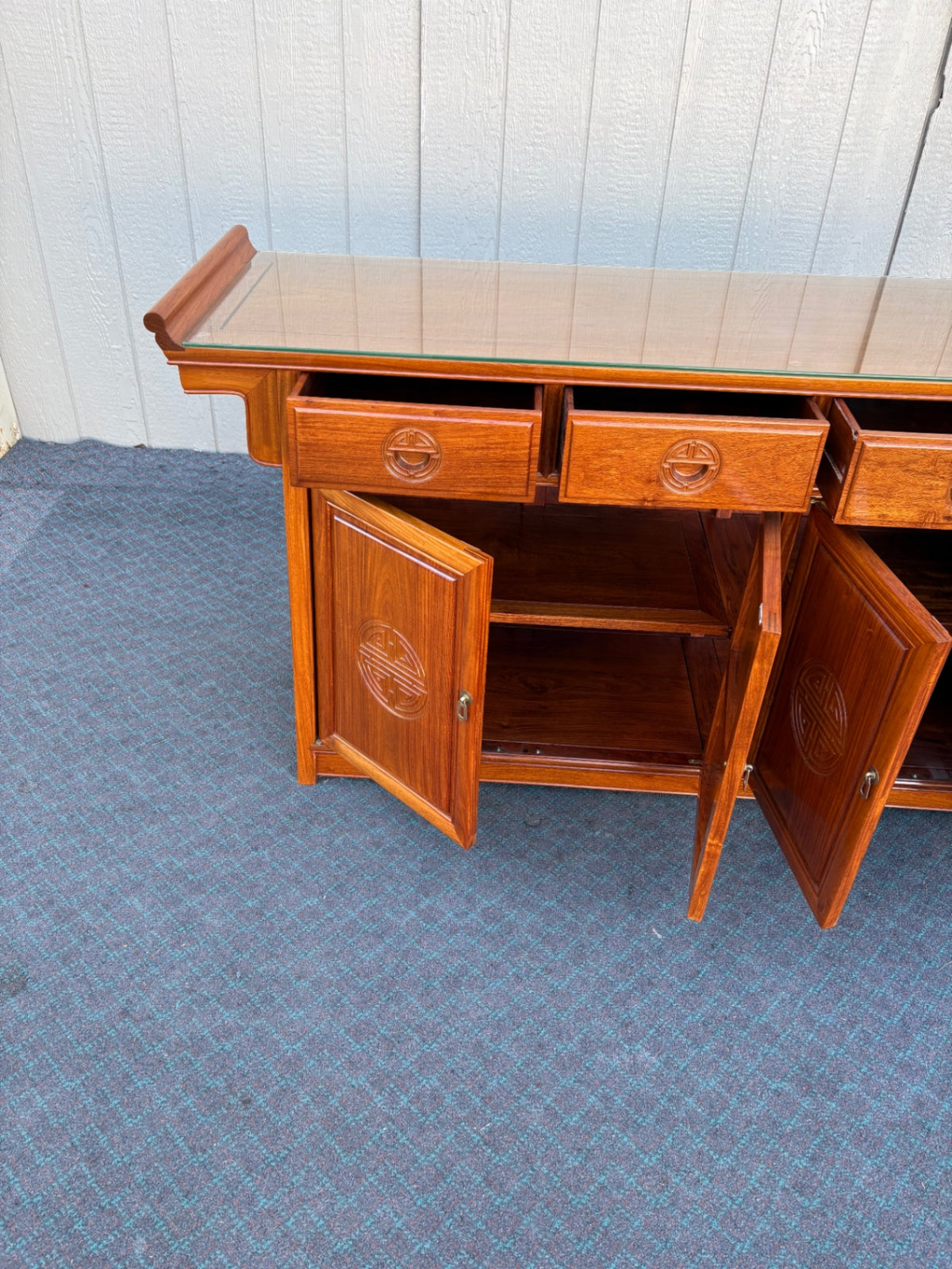 Mid-Century Oriental Sideboard with Glass Top and Carved Details