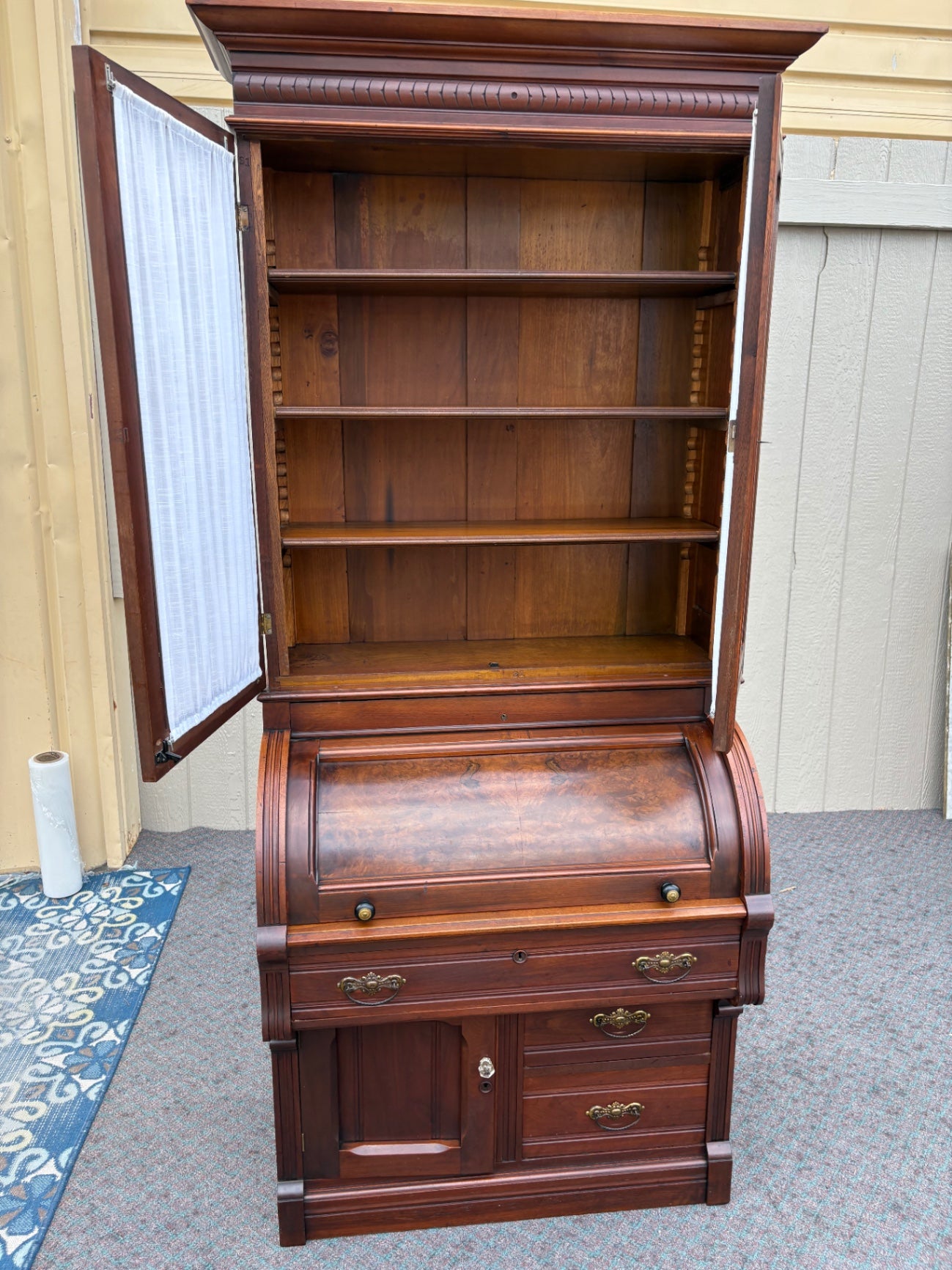 67934  Victorian Cylinder Secretary Desk with Display Cabinet