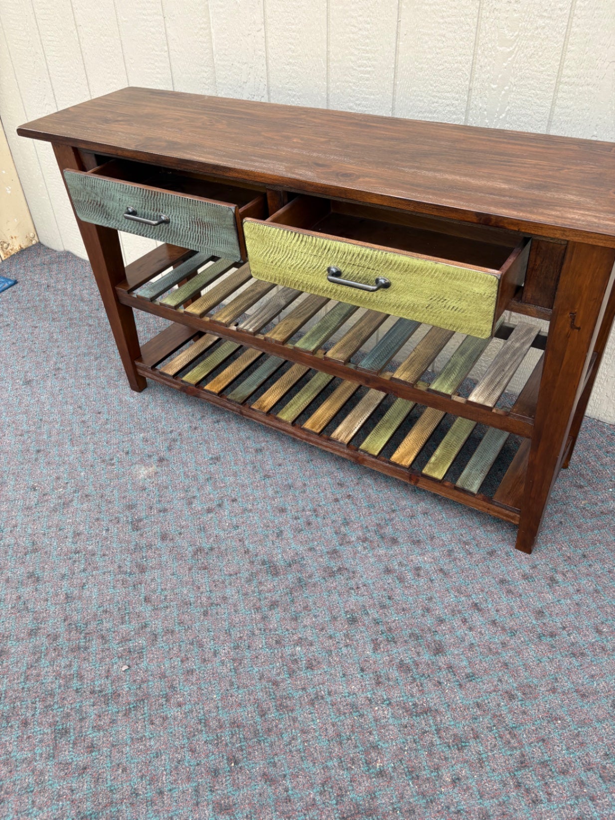67990 Rustic Wood Console Table with Multi-Color Drawers and Shelves
