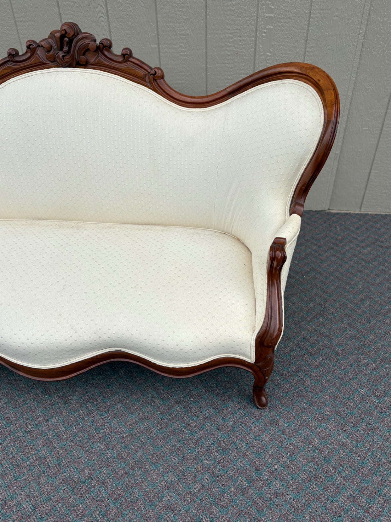 67764 Victorian Carved Walnut Sofa with Cream Upholstery