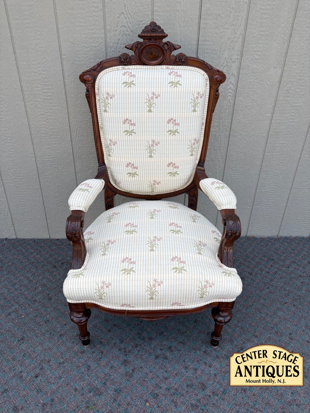 67903 Victorian Armchair with Carved Wood and Floral Upholstery