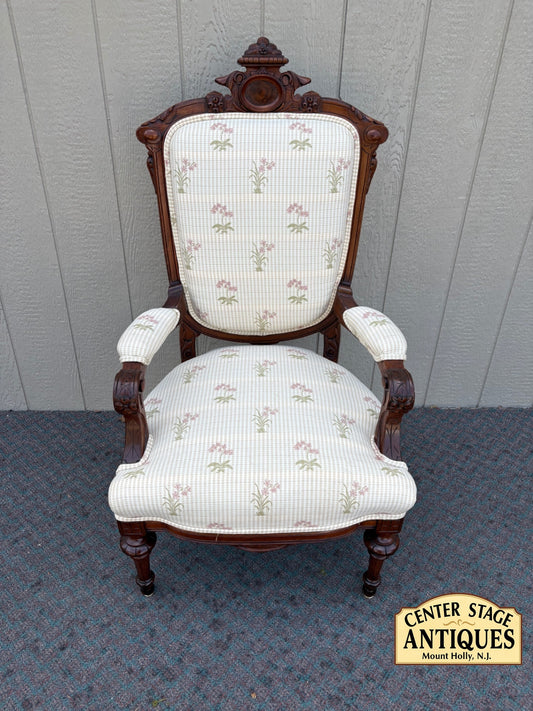 67903 Victorian Armchair with Carved Wood and Floral Upholstery