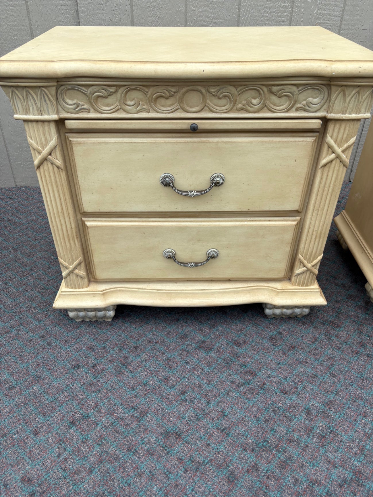 67958 Pair of Vintage Carved Nightstands with Two Drawers in Cream Finish
