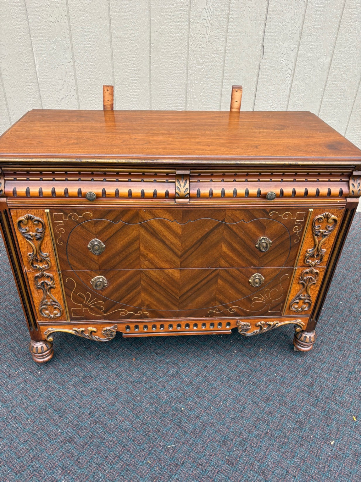 67897  Art Deco Dresser with Ornate Mirror and Intricate Carvings