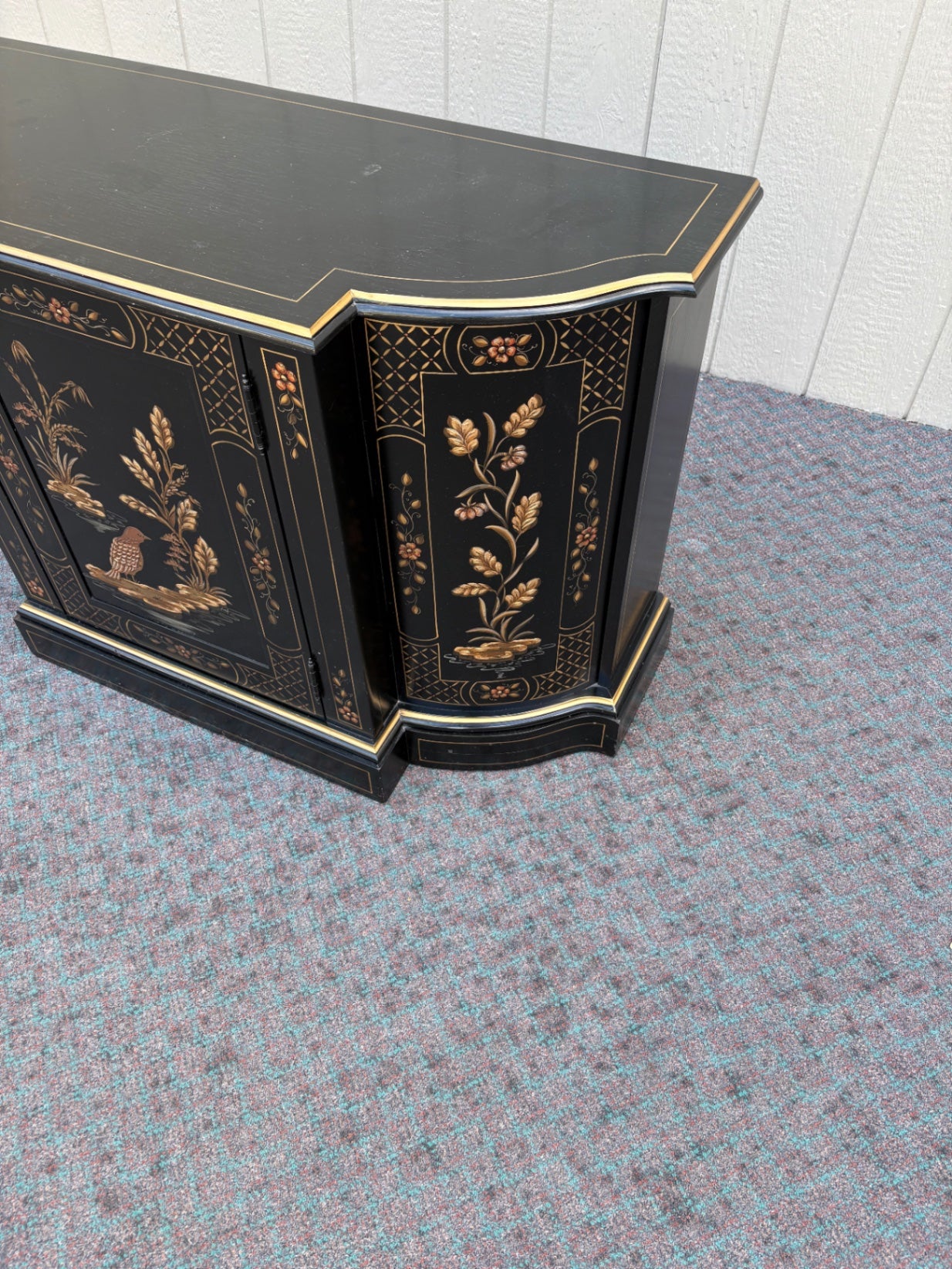 68118 Black Lacquer Asian-Inspired Cabinet with Floral and Bird Motifs