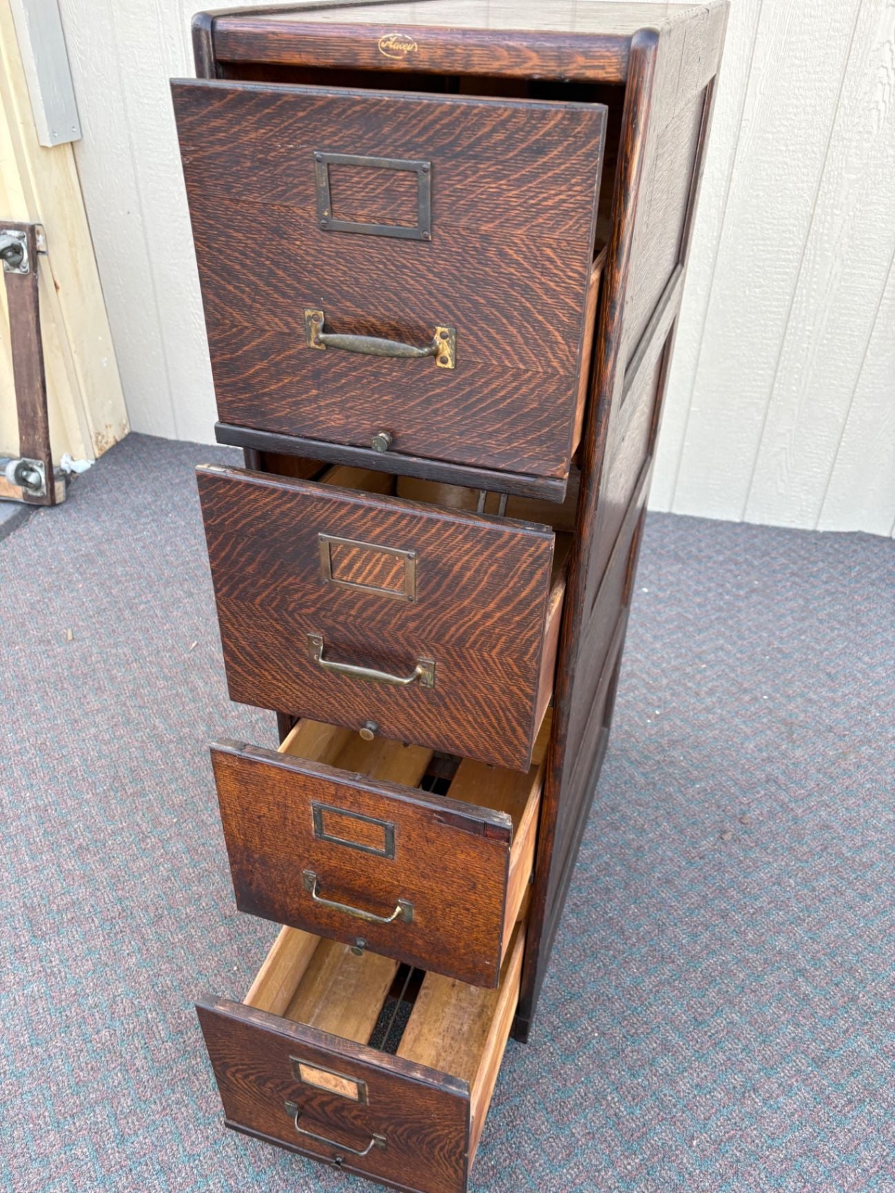 67307 Antique Oak File Cabinet with Four Drawers and Brass Hardware