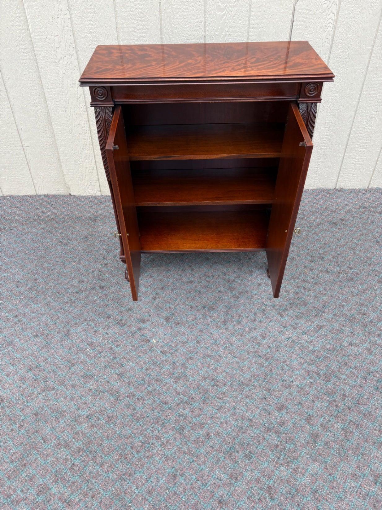 68003 Antique Mahogany Cabinet with Claw Feet and Carved Details