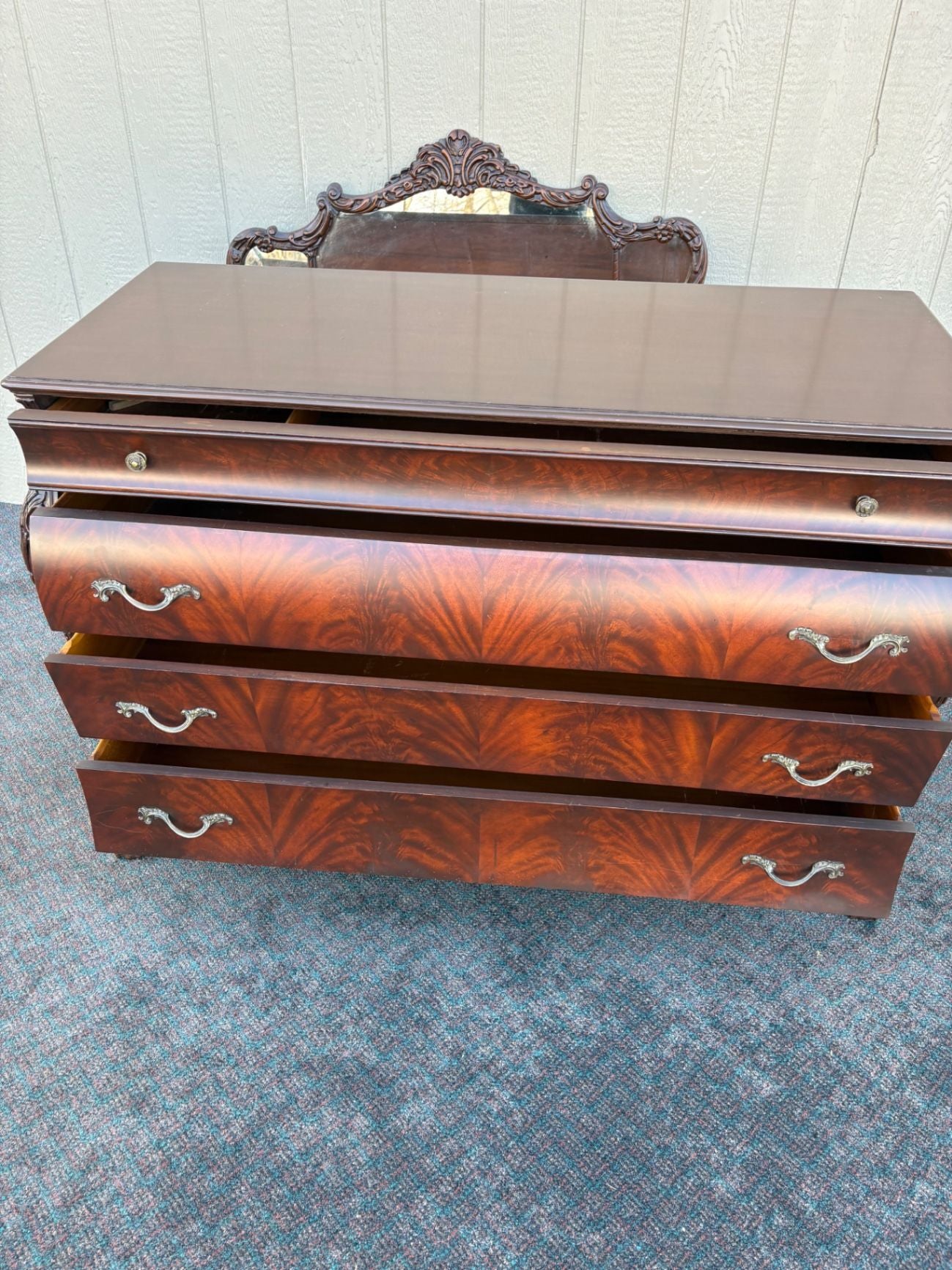 67492 Antique Flame Mahogany Dresser with Ornate Mirror