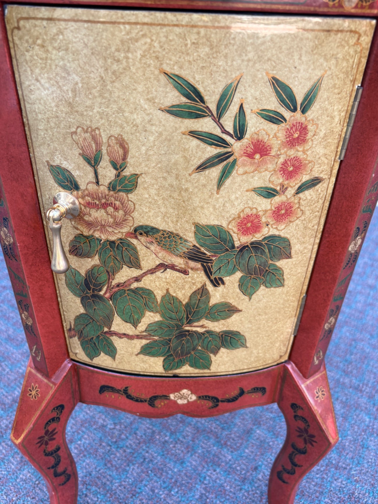 67855  Hand-Painted Oval Accent Table with Floral and Bird Motif