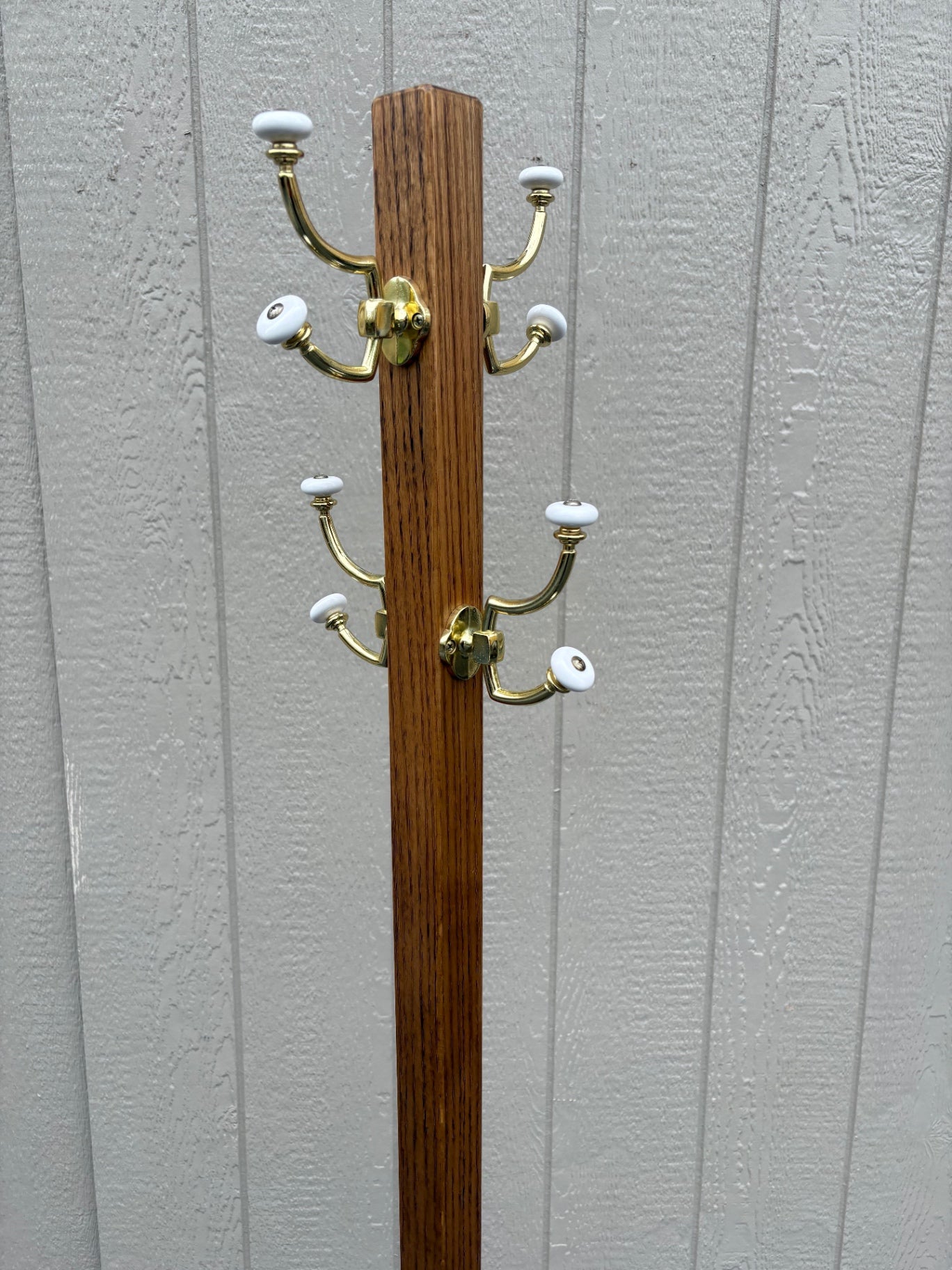 68113  Vintage Oak Coat Tree with Brass Hooks and Ceramic Accents