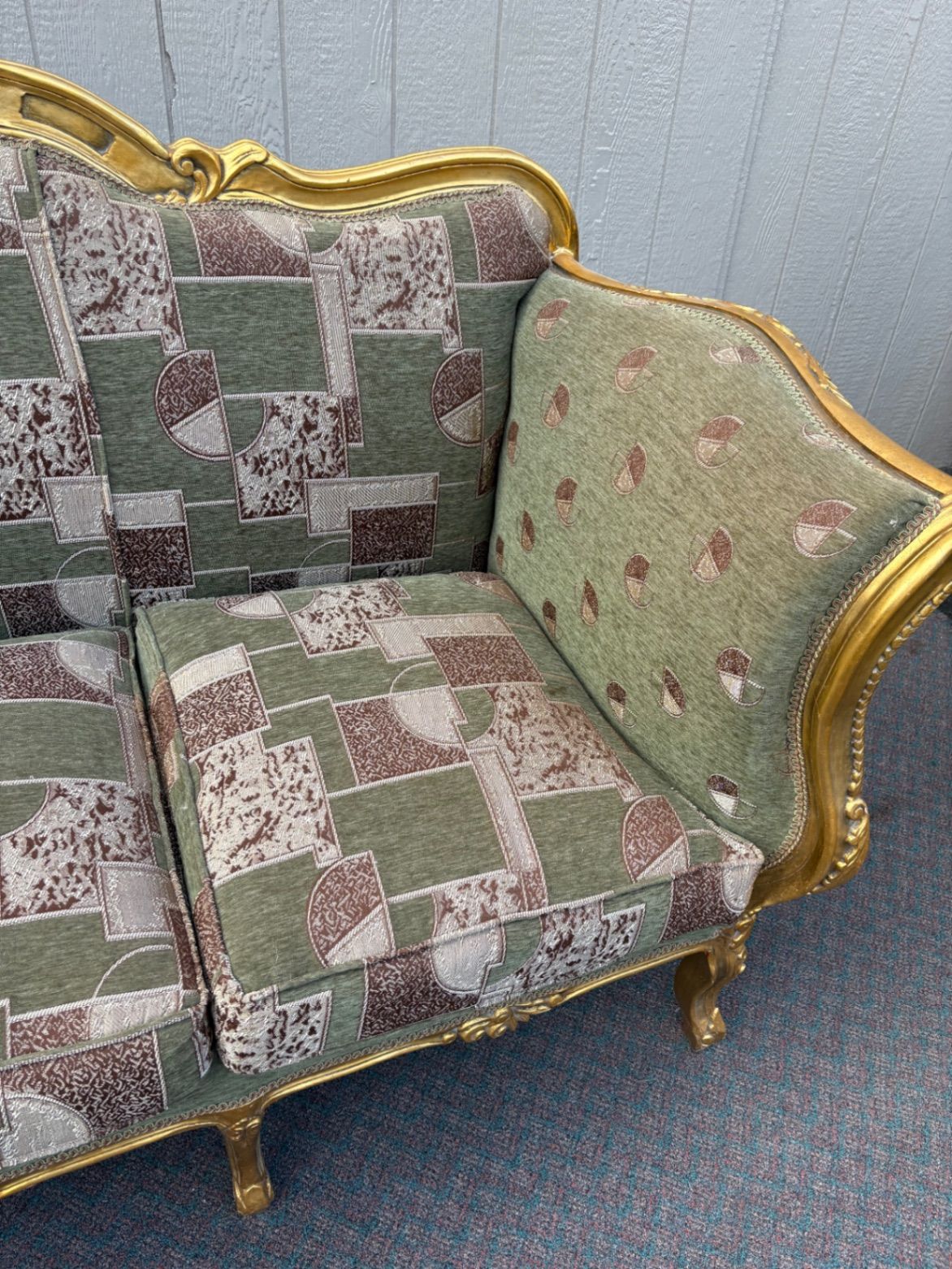 67517 Elegant Vintage French Provincial Gold Gilt Sofa with Tapestry Upholstery