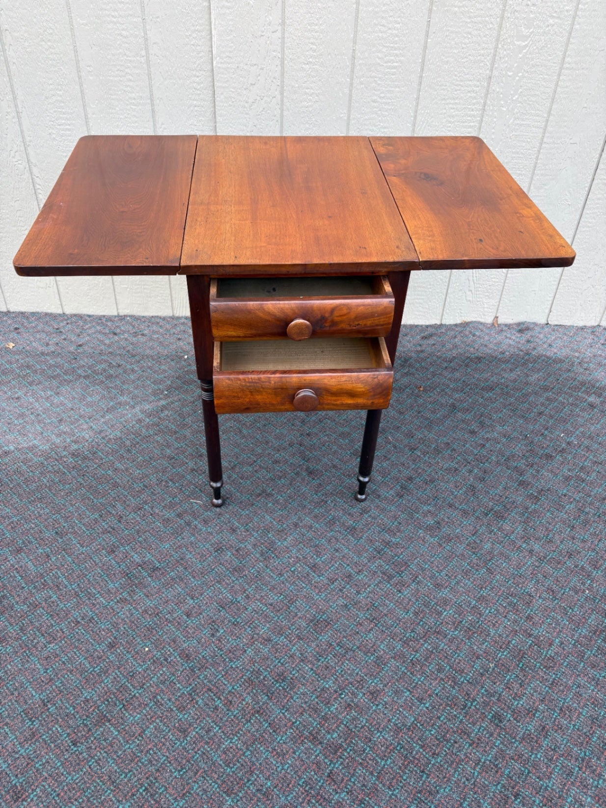 67916 Antique Drop Leaf Table with Two Drawers, Mahogany Finish