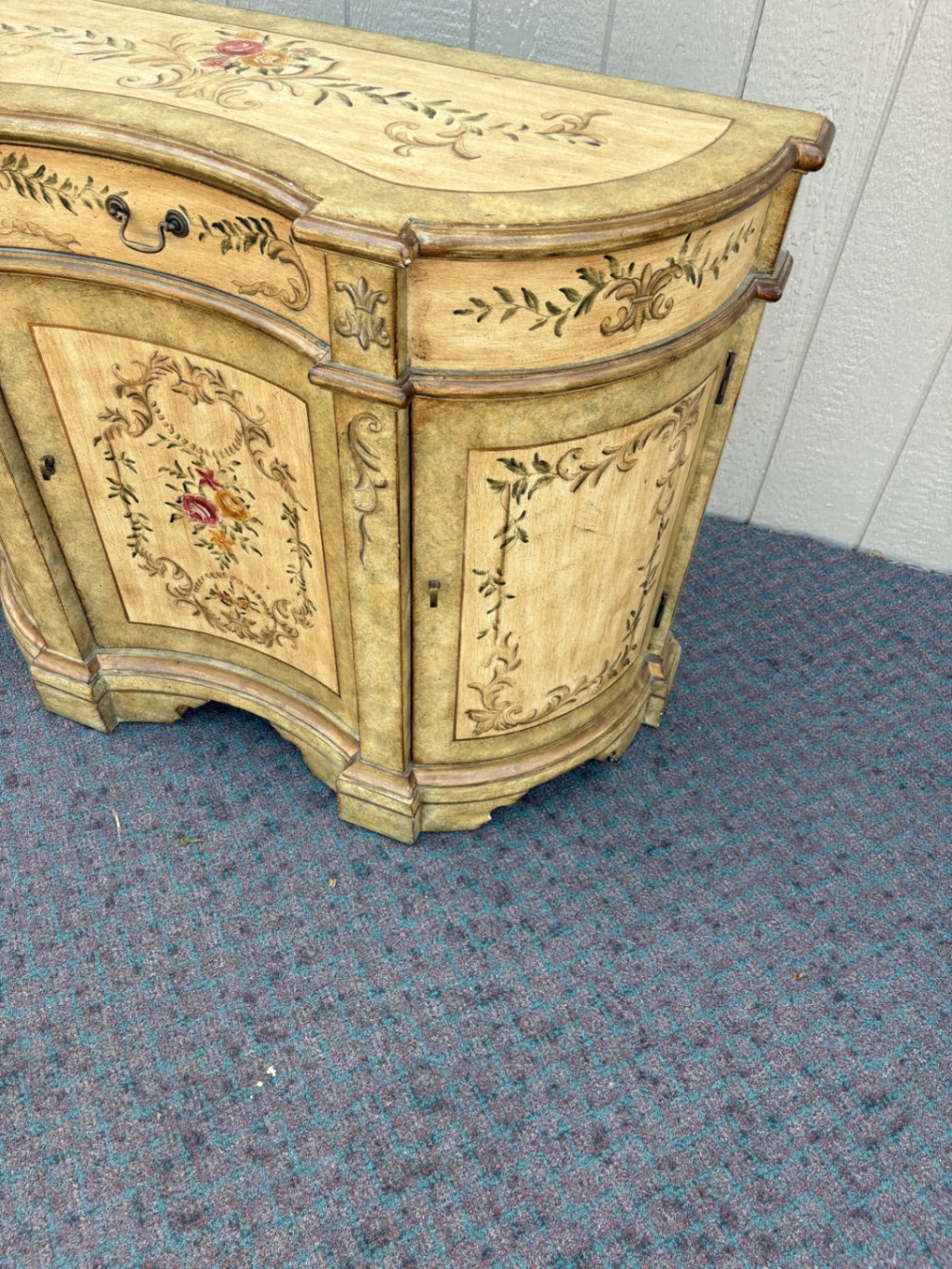 67889  Hand-Painted Floral Demilune Cabinet with Distressed Finish
