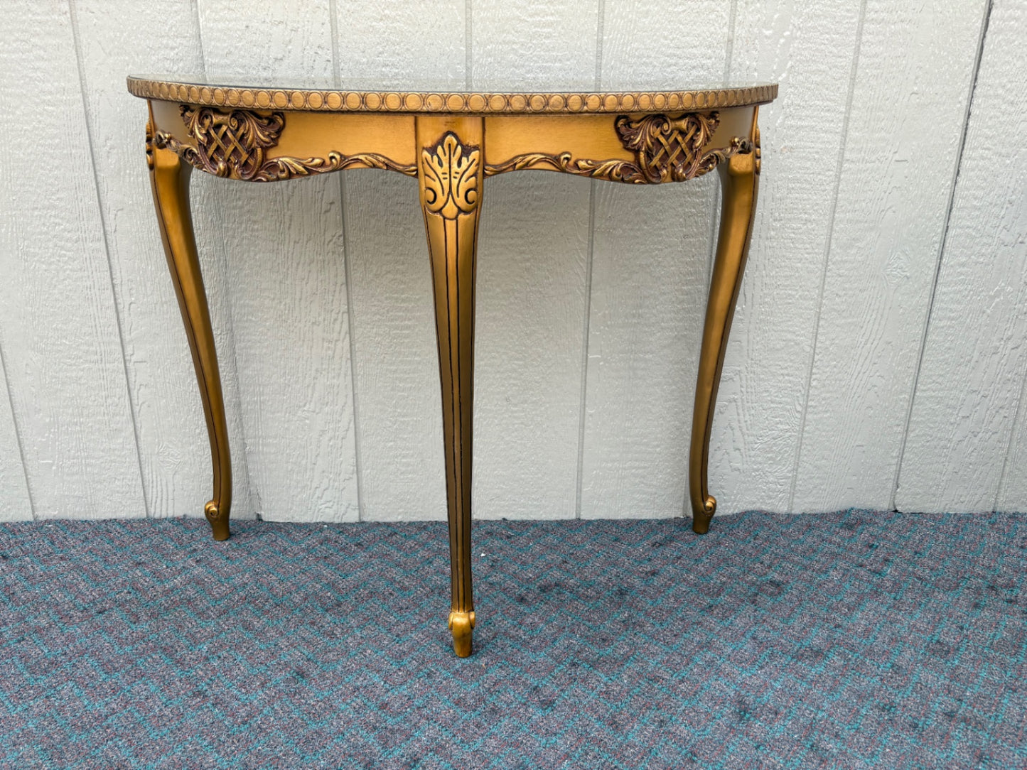 67978 Elegant Gold Demilune Console Table with Intricate Floral Design