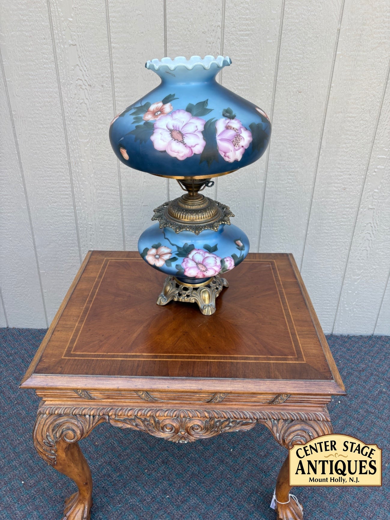 67792 Antique Gone with the Wind Lamp, Hand-Painted Floral Glass