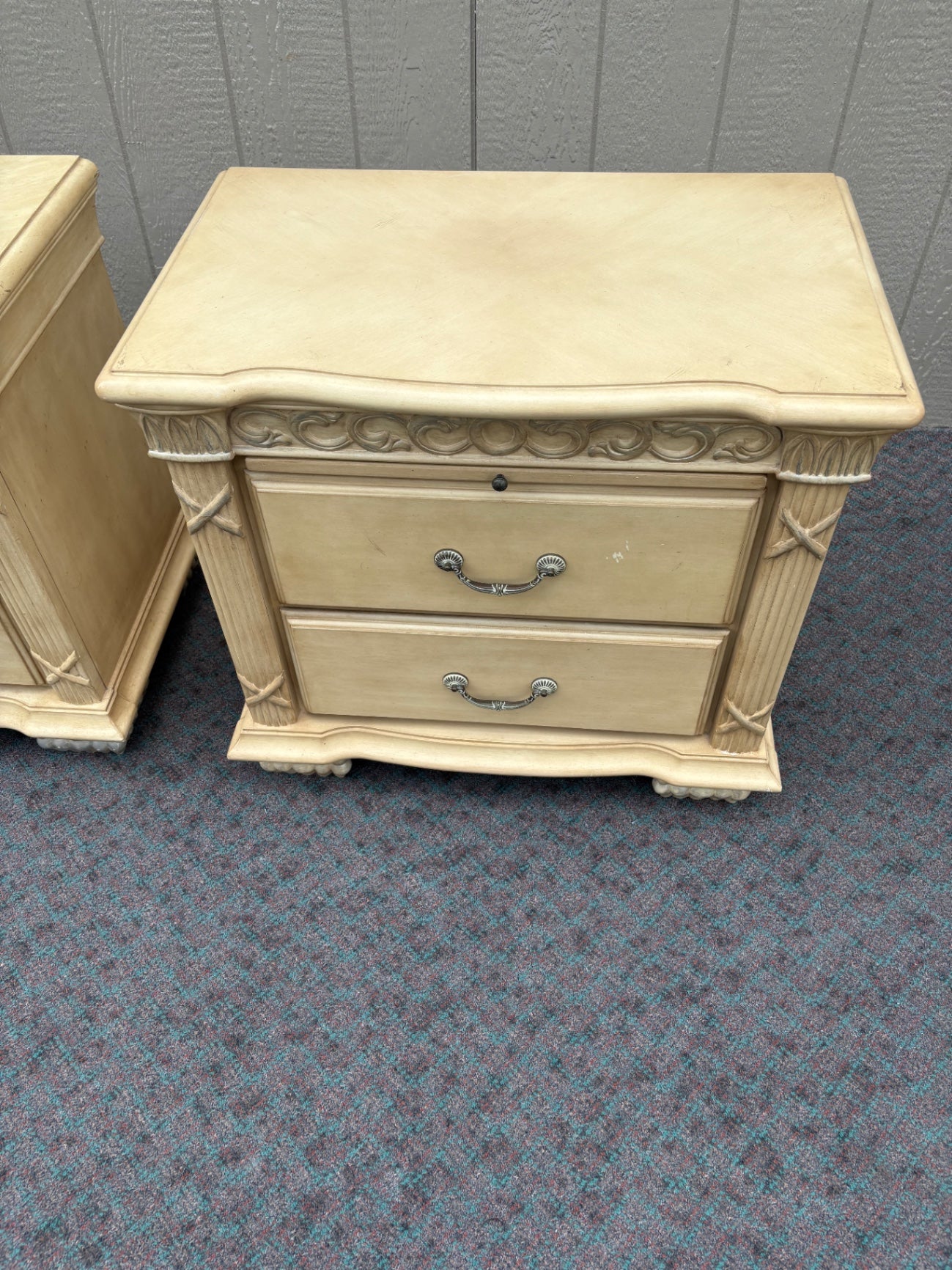 67958 Pair of Vintage Carved Nightstands with Two Drawers in Cream Finish