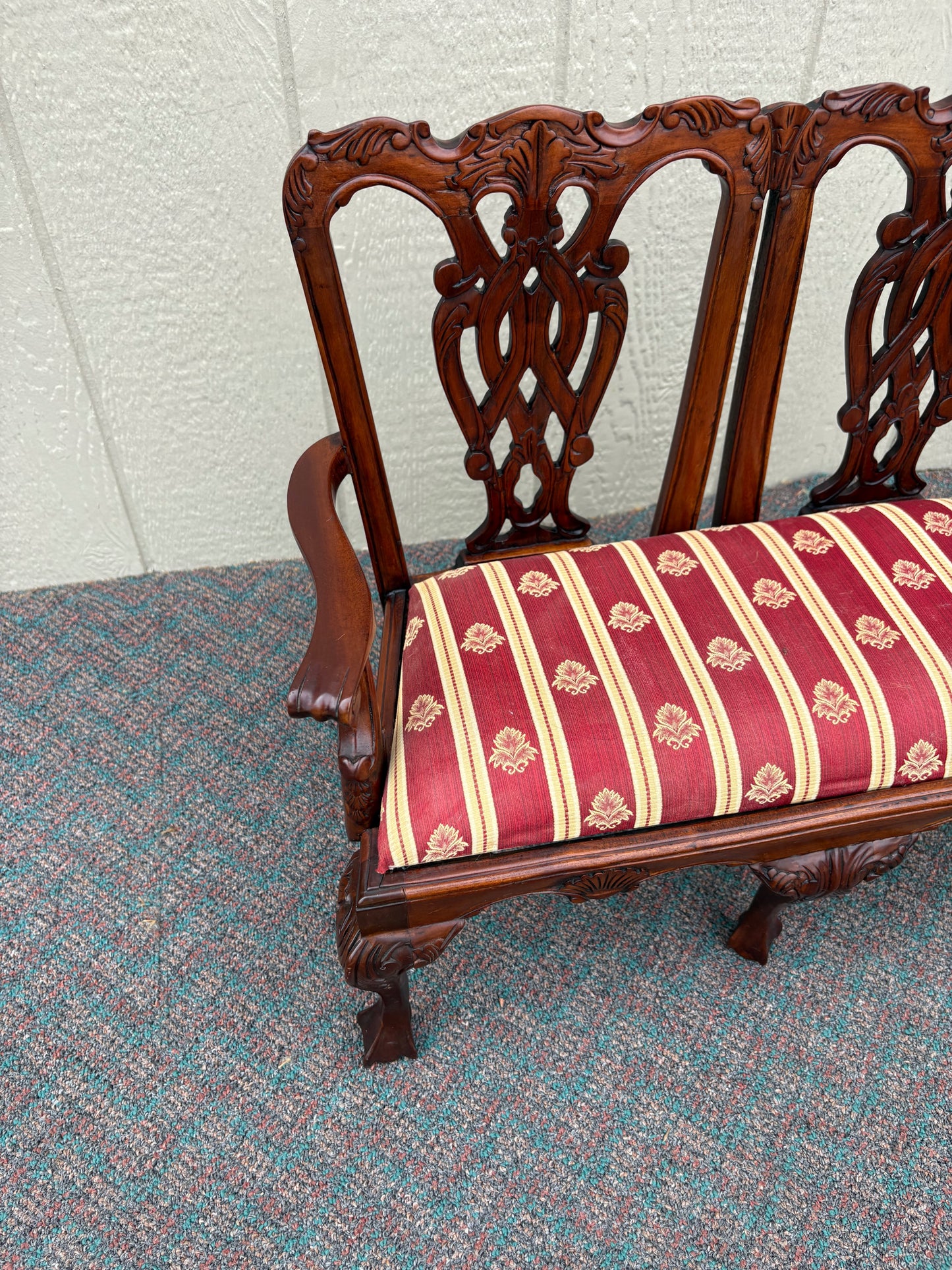 67699 Miniature Chippendale Loveseat with Carved Mahogany and Upholstery