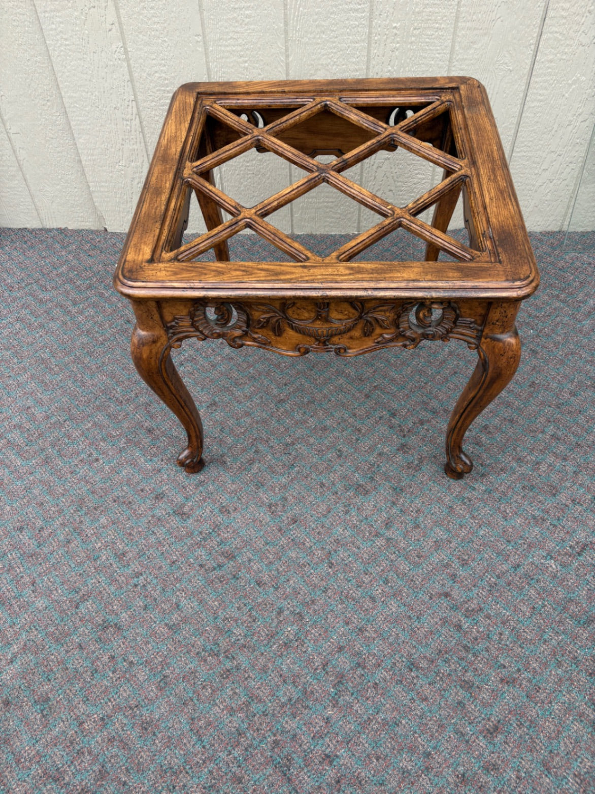 67879 Vintage French Provincial Glass Top End Table with Carved Details