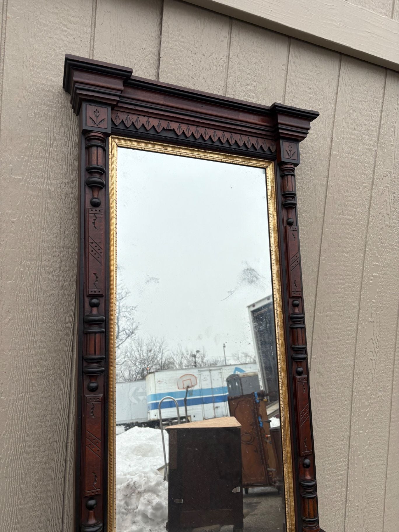 66659  Victorian Eastlake Pier Mirror with Marble Shelf, Walnut Wood